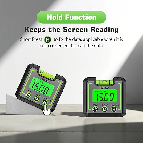 Miniatura 9 de Huepar Medidor de ángulo de nivel digital, mini buscador de ángulos, caja de nivel con base magnética de ranura en V e inclinómetro biselado LCD