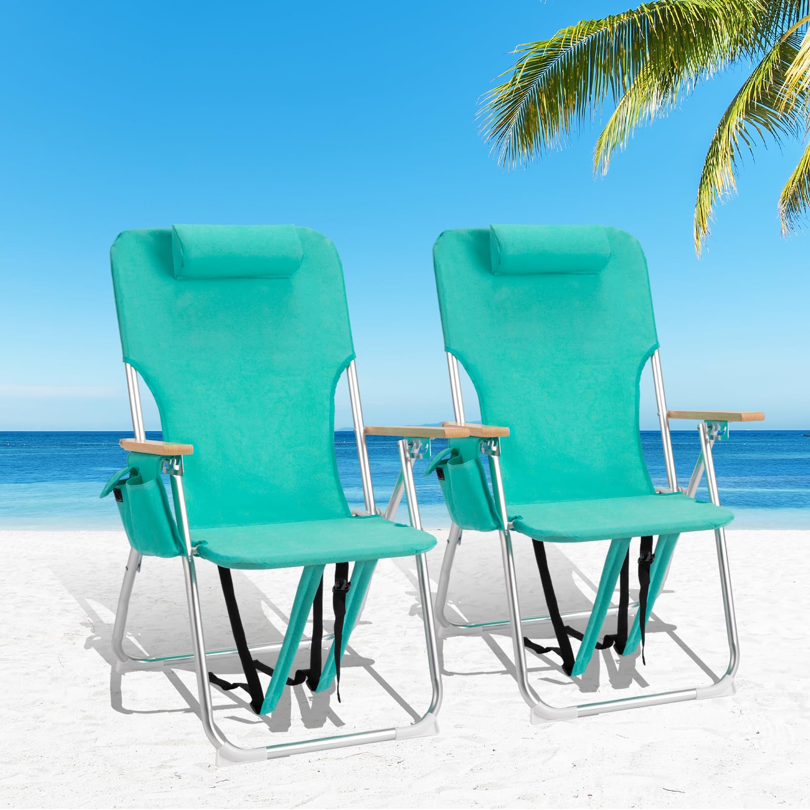 Bonnlo Folding Beach Chair Set of 2, Lightweight Camping Chair with 4-Position Reclining Backrest, Headrest & Wood Armrests, Portable Outdoor Chair with Backpack Straps & Cup Holder, Green — image 1
