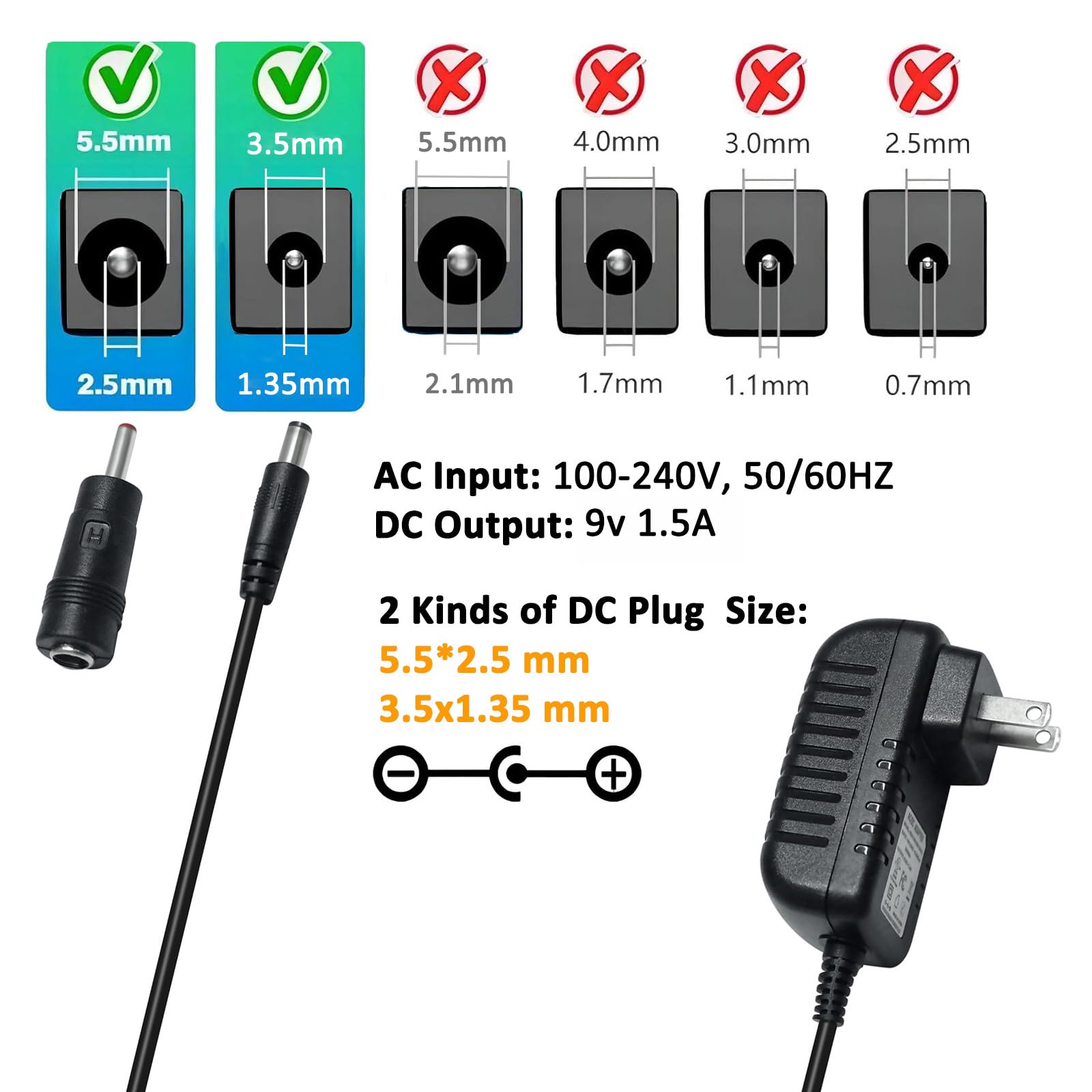 DCHAV 9V 1.5A Power Adapter - UL Listed, AC To DC, 4ft Cord - Works With Cameras, LED Lights, Speakers & More (5.5mmx2.5mm / 3.5mmx1.35mm Plugs)
