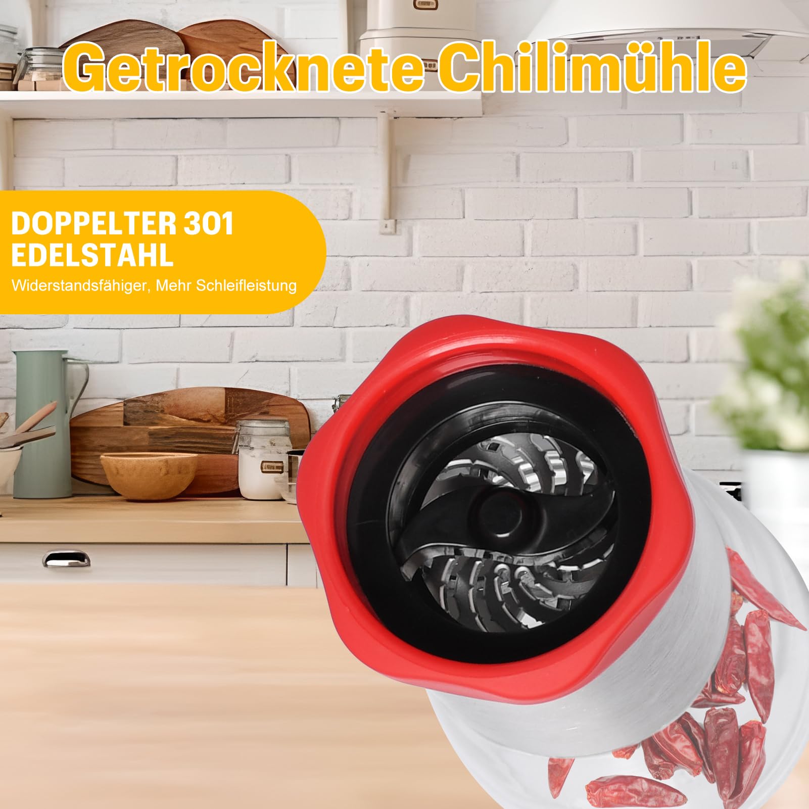 Chilimühle Edelstahl & Glas,Chilischneider für Getrocknete Chilis und Grobe Gewürze,Gewürzschneider Schneidwerk set mit Schneideklinge,für viele Paprikasorten geeignet