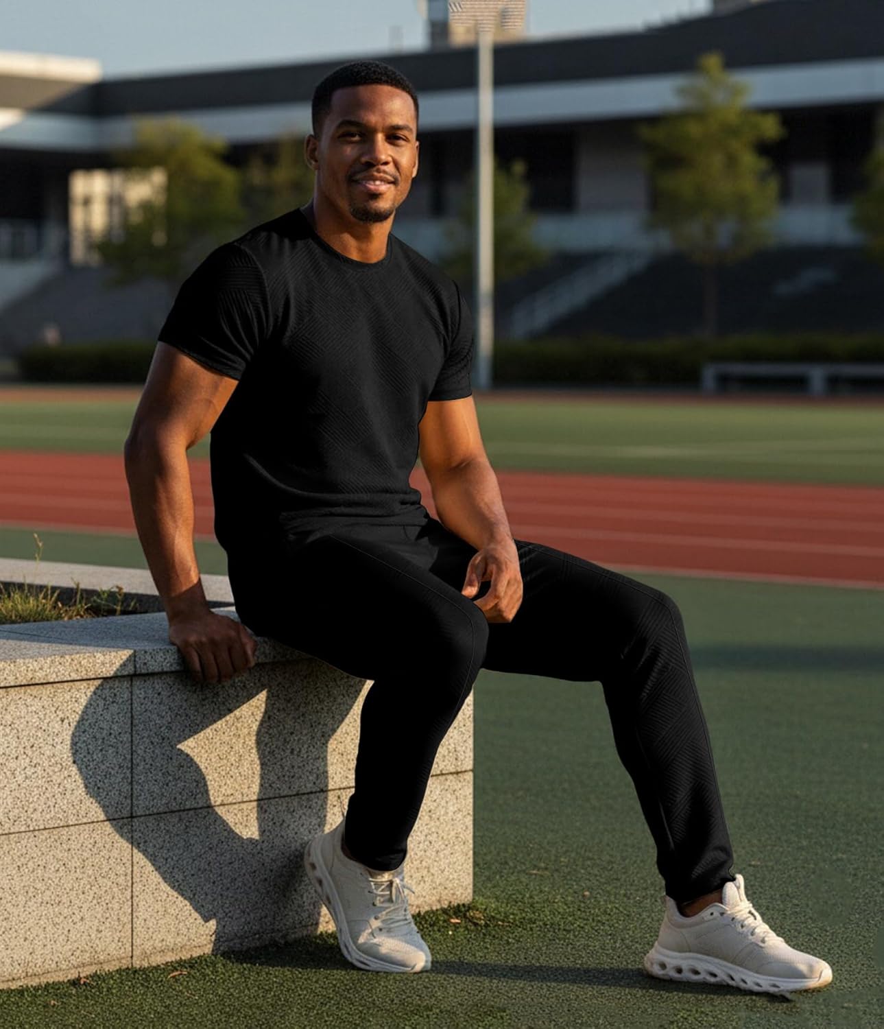 UOUA Mens 2 Piece Sweatsuit Set Short Sleeve Sweatshirt Jogging Sweatpants Tracksuits Outfits - Image 2