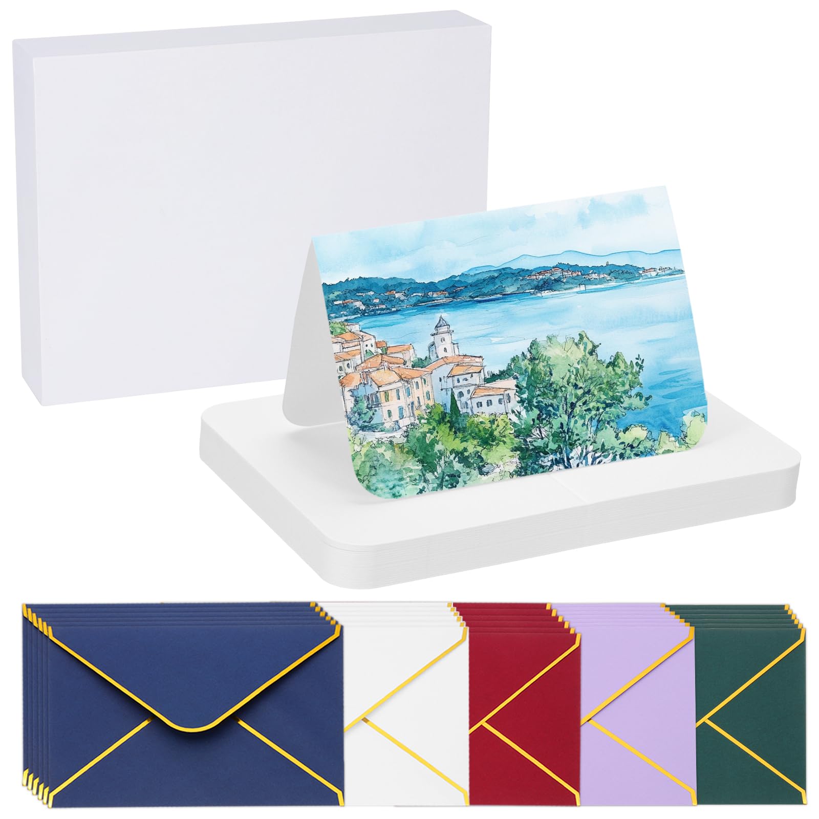 PATIKIL 40 Sets Pure Cotton Watercolor Cards 140lb/300 GSM Postcards Rounded Corners with Multicolor Envelopes for Art Painting Creative Thank Notes, 4x6 Inch Foldable Size(White Box)