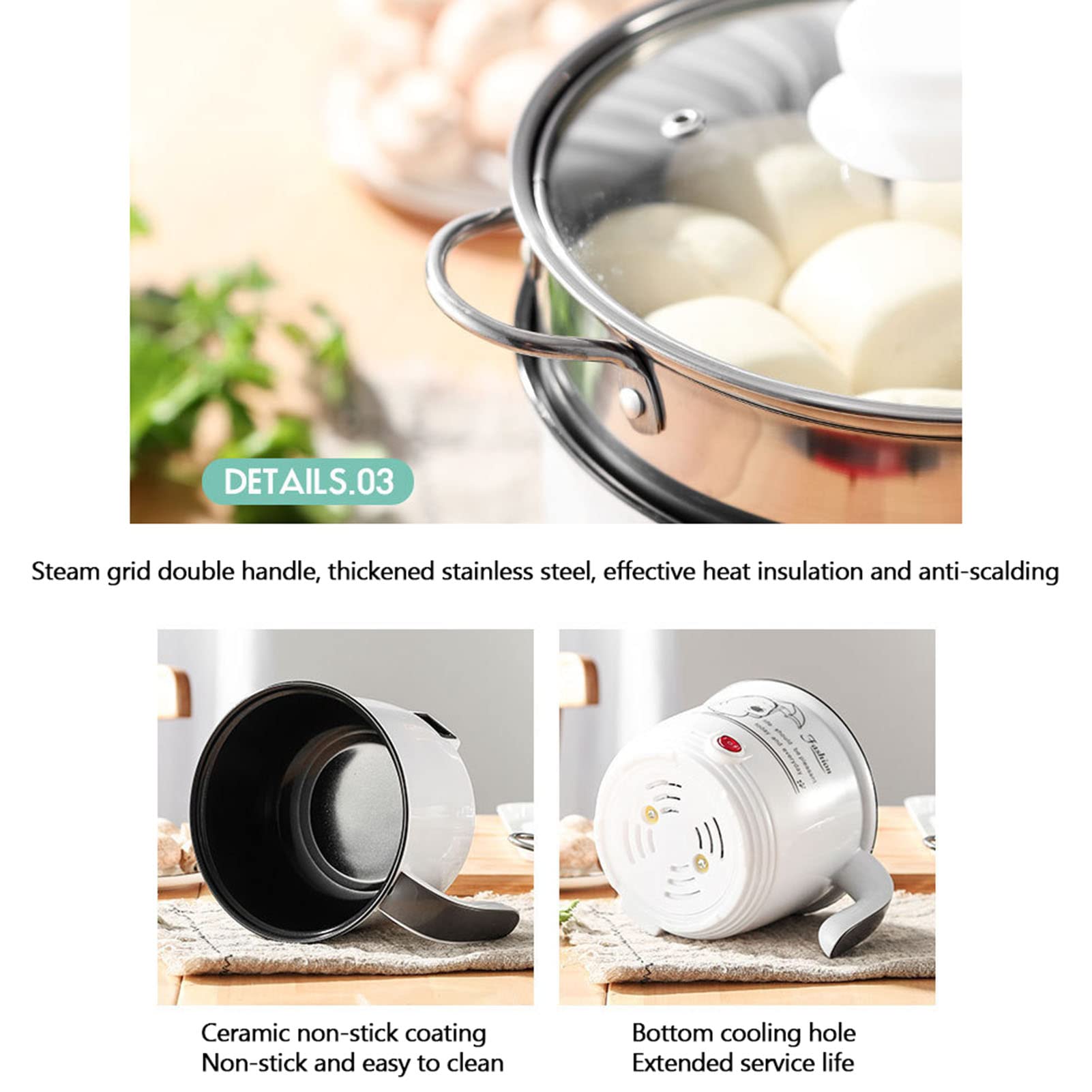 Padella Elettrica, Mini Padella Elettrica Antiaderente con Coperchio, Cuocipasta Rapido da 1,8 L, Fornello Elettrico Multifunzione con Vaporiera, Rosa