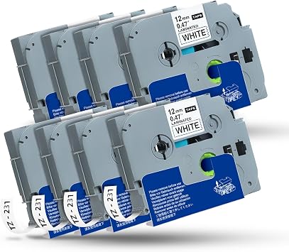 Replace Brother P-Touch Label Tape, Label Maker Tape Refill 8 Packs, Tze Tapes 12mm 0.47 Laminated White TZe-231 Tze Tz 231 Tapes Compatible with Brother PT-D210 D220 D410 D600 H110 Etc