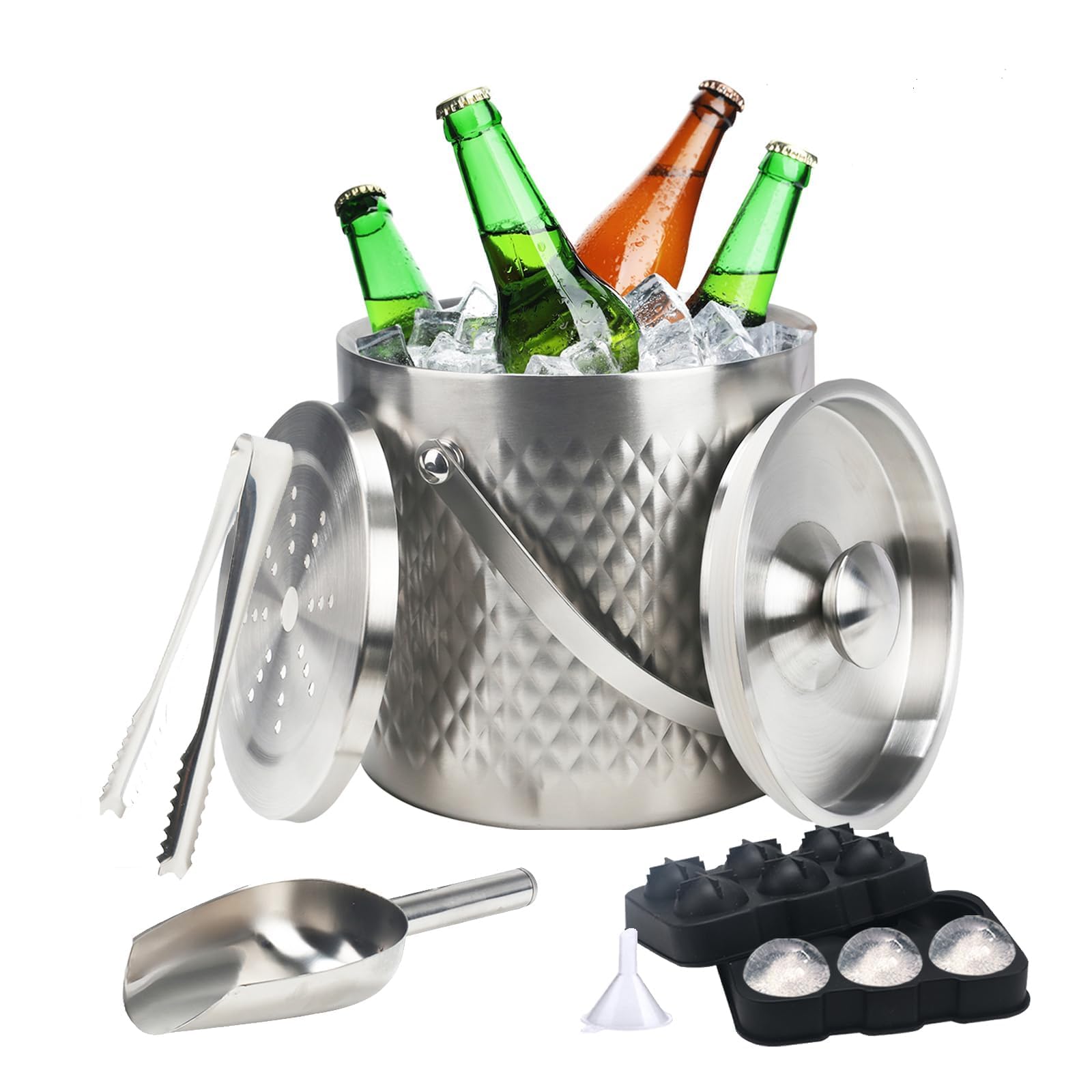 3L cubiteras para hielo grande hielera portátil cubiteras para botellas de doble pared de acero inoxidable champanera de diamante con Tapa Colador Cuchara hielo cubitos de hielo y Pinza