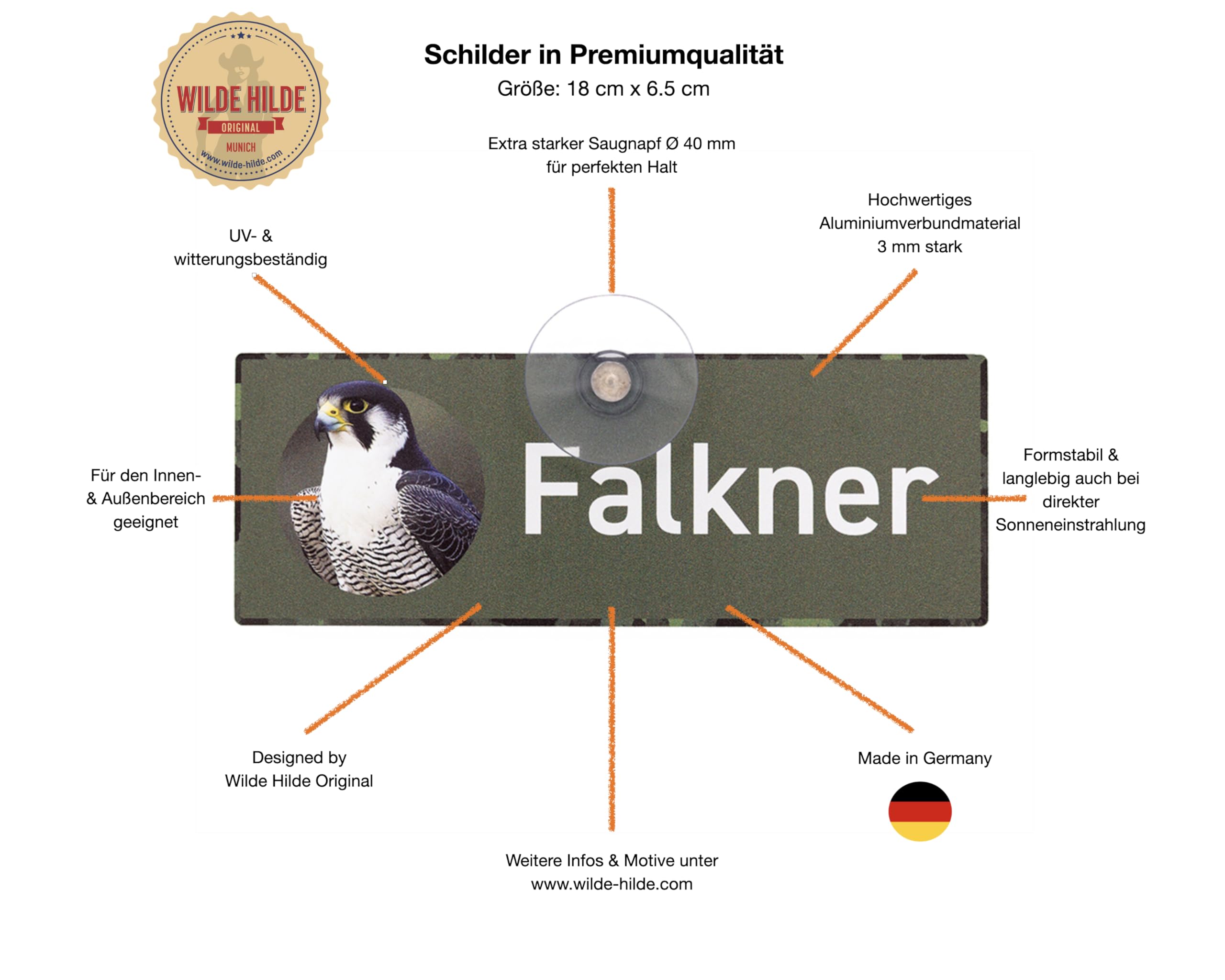 FALKNER SCHILD - Premium Autoschild mit starkem Saugnapf für die Autoscheibe aus formstabilem Aluverbund, UV- und Witterungsbeständig, 18 x 6.5 cm - MADE IN GERMANY