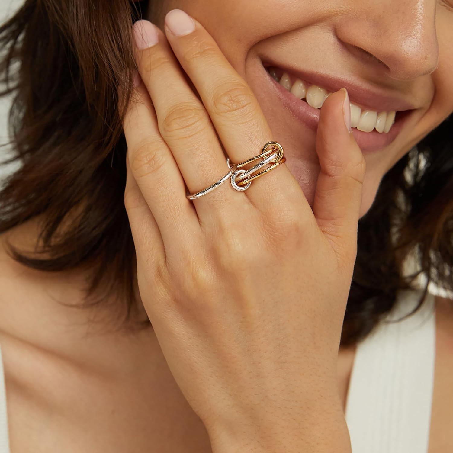 NOKMIT 14K Gold Plated 4 Interlocking Stackable Rings Set with CZ Cubic Zirconia Gold & Silver Mixed Metals Multi-Link Connected Statement Bands for Women Hypoallergenic Non Tarnish Jewelry Gifts - Image 2