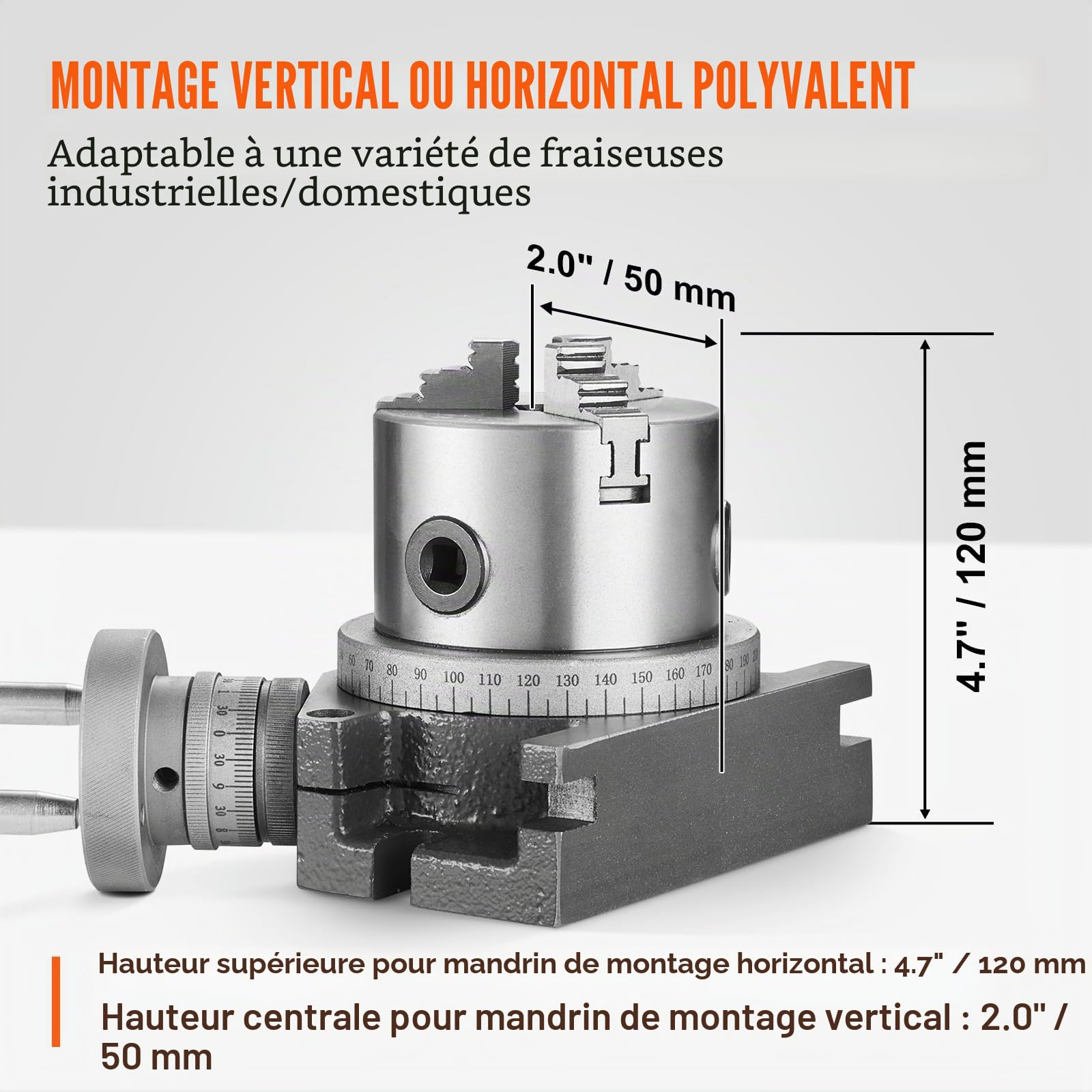 VEVOR Table rotative pour fraiseuse 100 mm, modèle horizontal vertical, table rotative de précision, avec mandrin à 3 mâchoires de 80 mm, écrous en T M10, pour outils d'indexation d'ingénierie