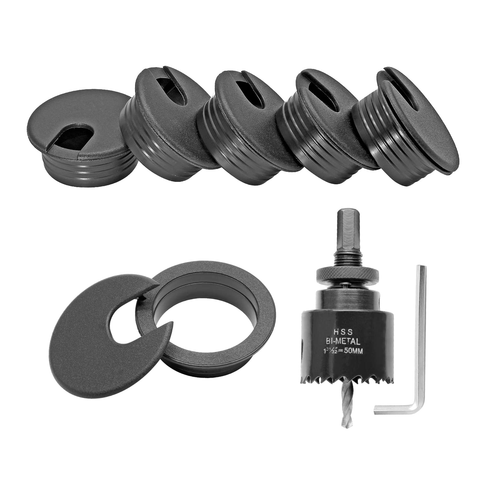 JersvimcJersvimc 2 Inch Cord Desk Grommet (5Pcs) and Hole Saw Kit, Black Wire Hole Cover Furniture Cable Grommet Drill Bit Set Bi-Metal Hole Saw Cover for Table Office Desktop