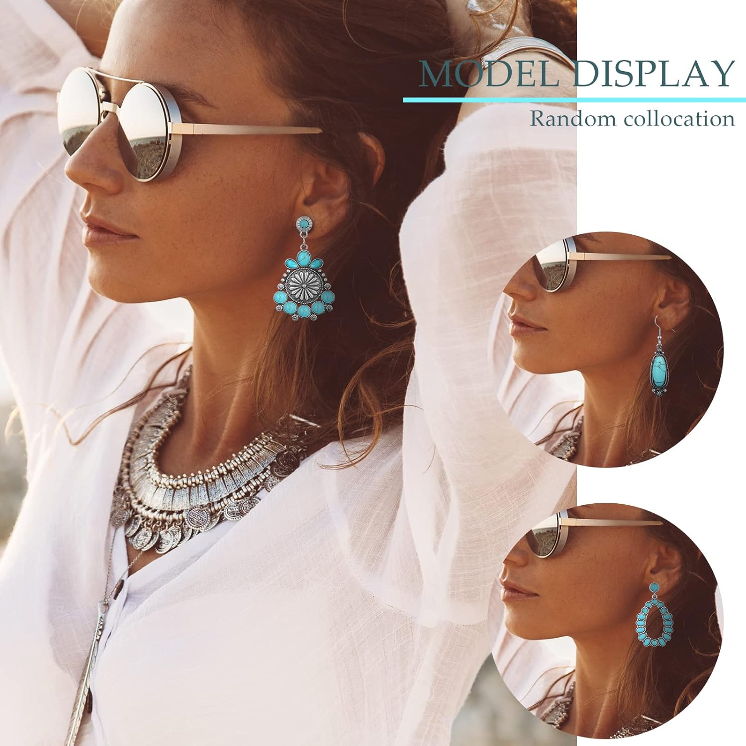 12 Pairs Turquoise Earring Set for Women Turquoise Bohemian Dangle Stud Earrings Round Metal Earrings Boho Vintage Oval Earring Metal for Jewelry