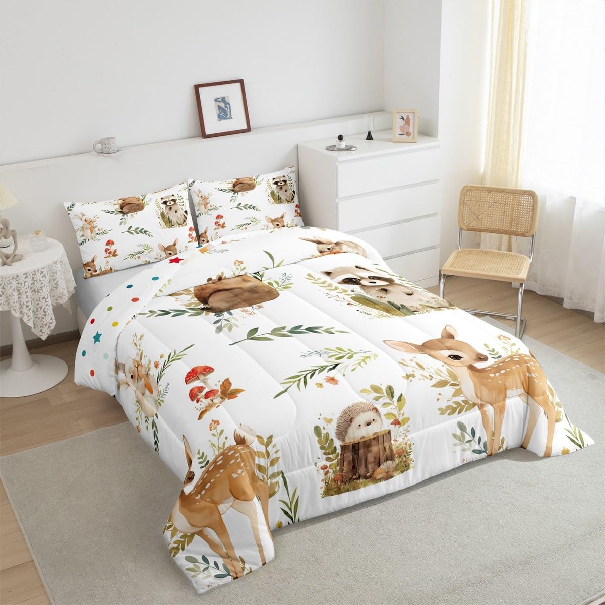 Erosebridal Kids Cute Deer Full Size Bedding Set, Woodland Animal Down Comforter Rabbit Hedgehog Comforter Set for Boys Teens Girls Room, Mushroom Branches Rustic Quilt, Soft Microfiber
