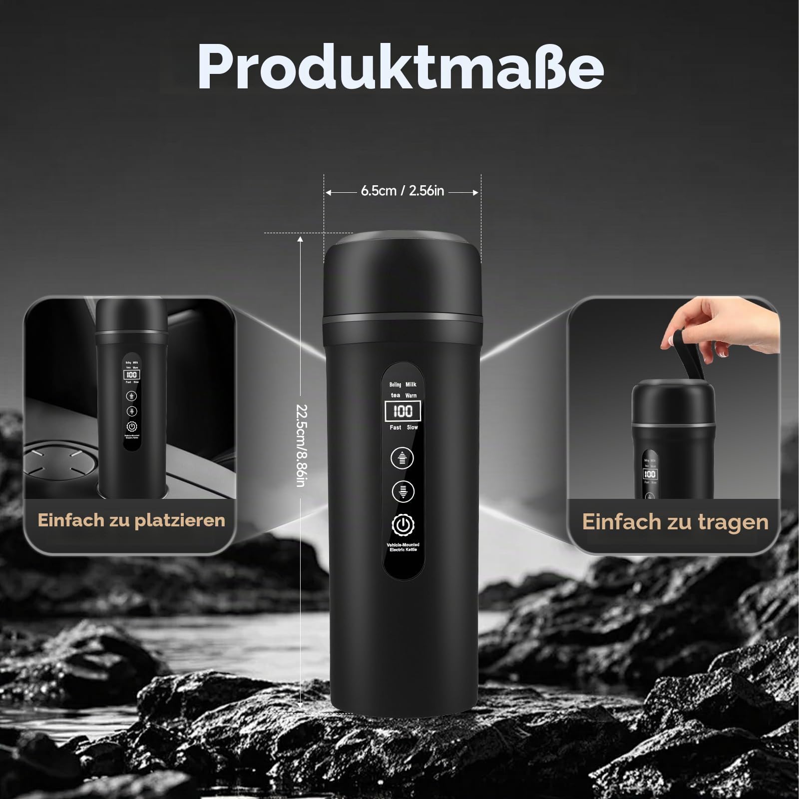 12V/24V Auto-Wasserkocher 500 ml, 316 Edelstahl, USB-C Isolierfunktion (45–55 °C), Intelligenter Touchscreen Kocher für LKW & Wohnmobil