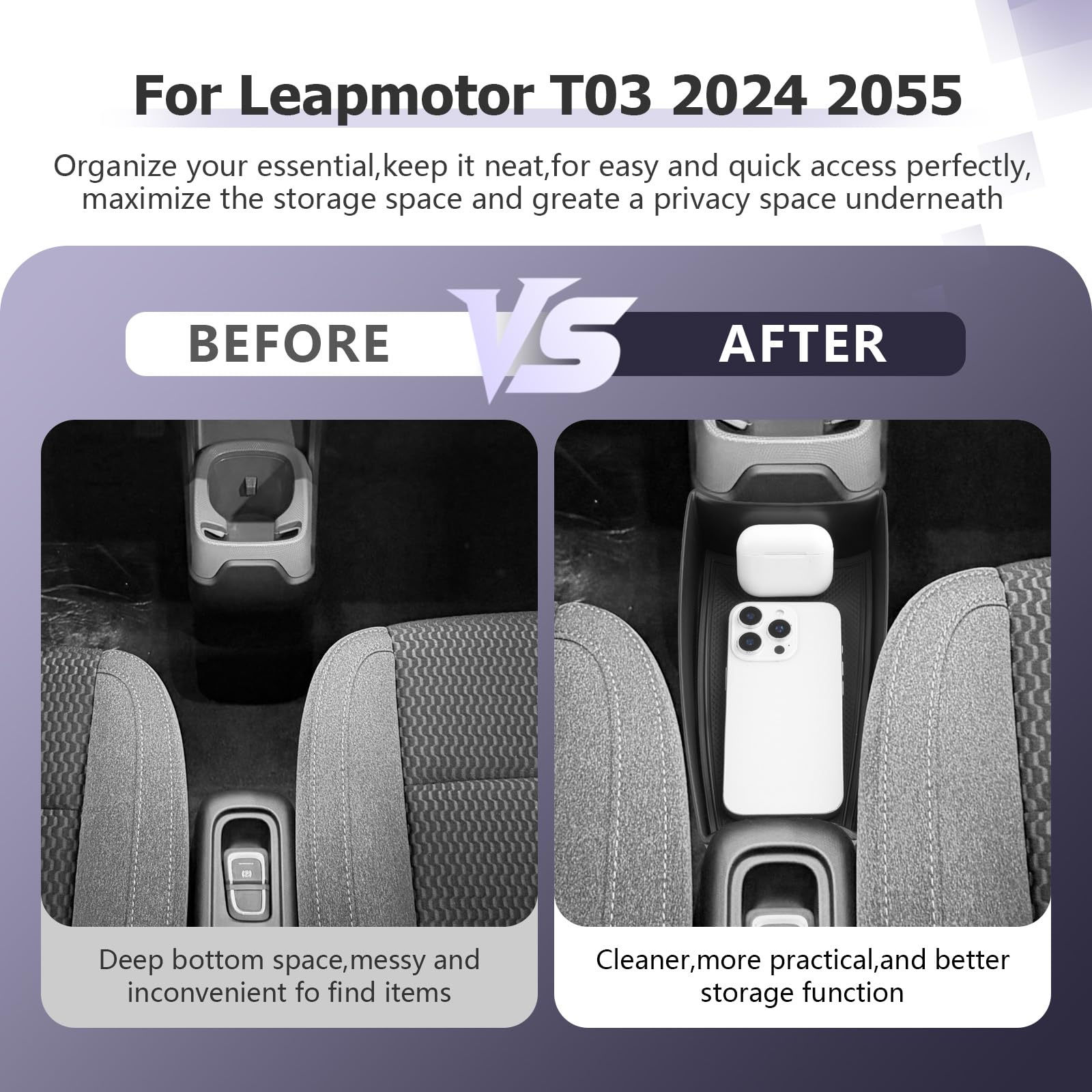 LUWU Compatibile con Leapmotor T03 2024 2025 2026 Console Centrale Scatola portaoggetti Leap Motor T03 Console Centrale Organizer Tray Leap Motor Accessori