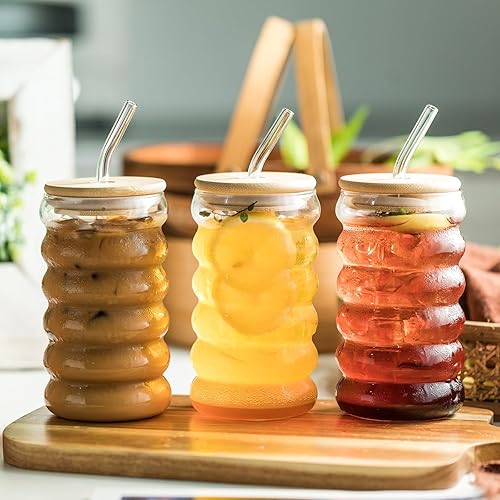 Miniatura 8 de INSETLAN Vasos creativos de 20 onzas con tapas de bambú y popote de vidrio, 4 vasos de vidrio con forma de lata ondulada, vasos de cerveza y café