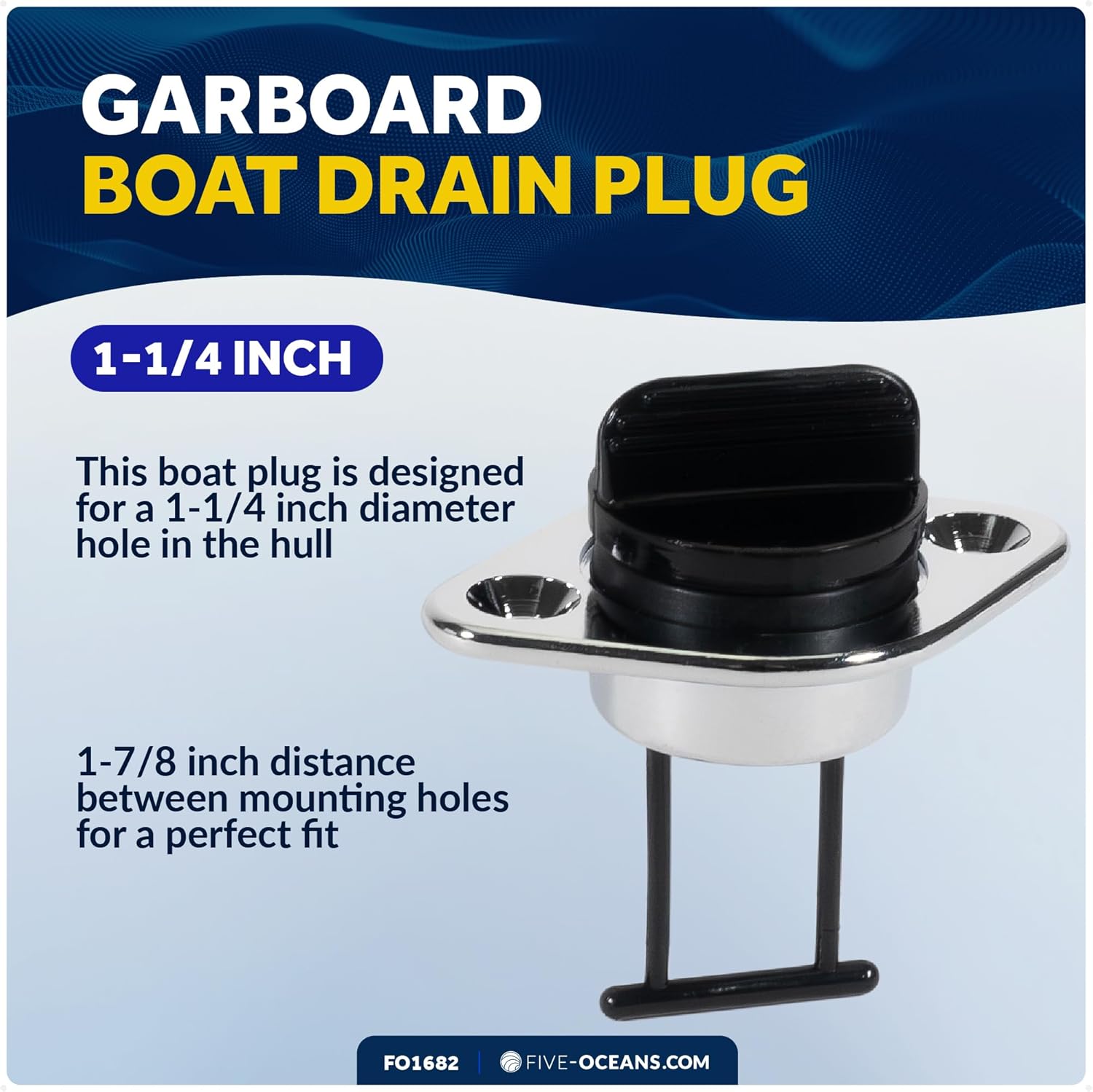 Five Oceans Kayak Drain Plug - Captive Garboard Drain Plug, for 1-1/4-Inch Transom Hole, Oval Shape, Thread with Rubber Washer Gaskets, Brass & Black Nylon - FO1682