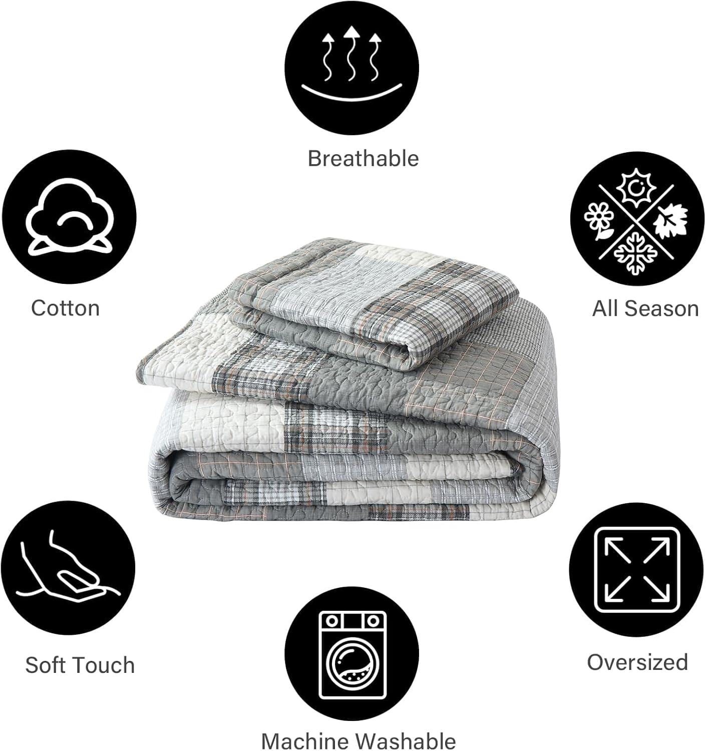 PANGUSHAN Quilts Set Queen Size,100% Cotton Patchwork Plaid Queen Quilt Bedding Set Bedspread for Queen Bed,Grey(Gray)/Cream/Khaki Farmhouse Rustic Reversible Lightweight Comforter Bed Cover,3 Pieces - Image 5