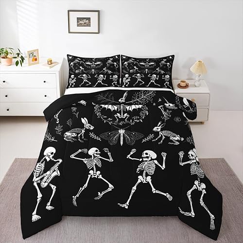 Sugar Skull Comforter Skeleton Bones Bedding,Gothic Moth Decor Bedding Sets & Collections Magic Unicorn Rabbit Skulls Down Comforter Twin Size,Halloween Horror Theme Duvet Black White Bedroom Decor