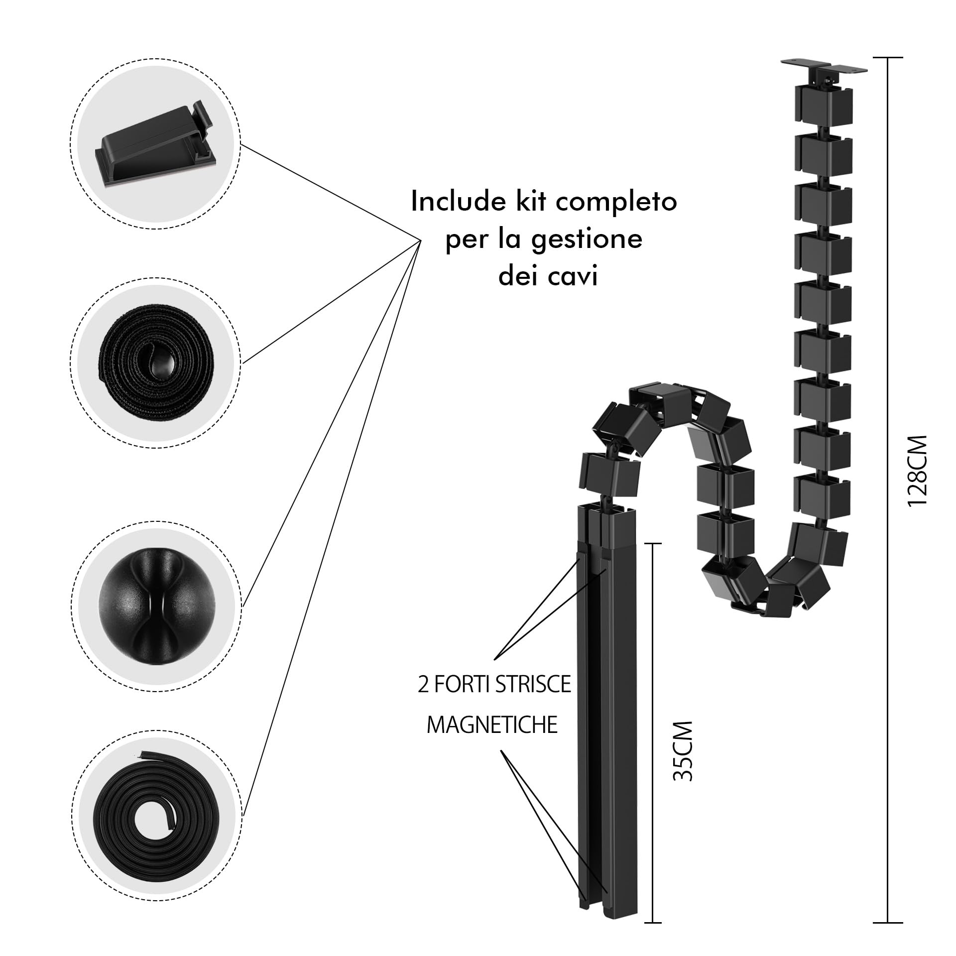 Mimoke Gestione cavi Spine Gestione cavi Canale magnetico Organizer modulare per cavi sotto la scrivania, design rettangolare per separazione e protezione dei cavi (nero)