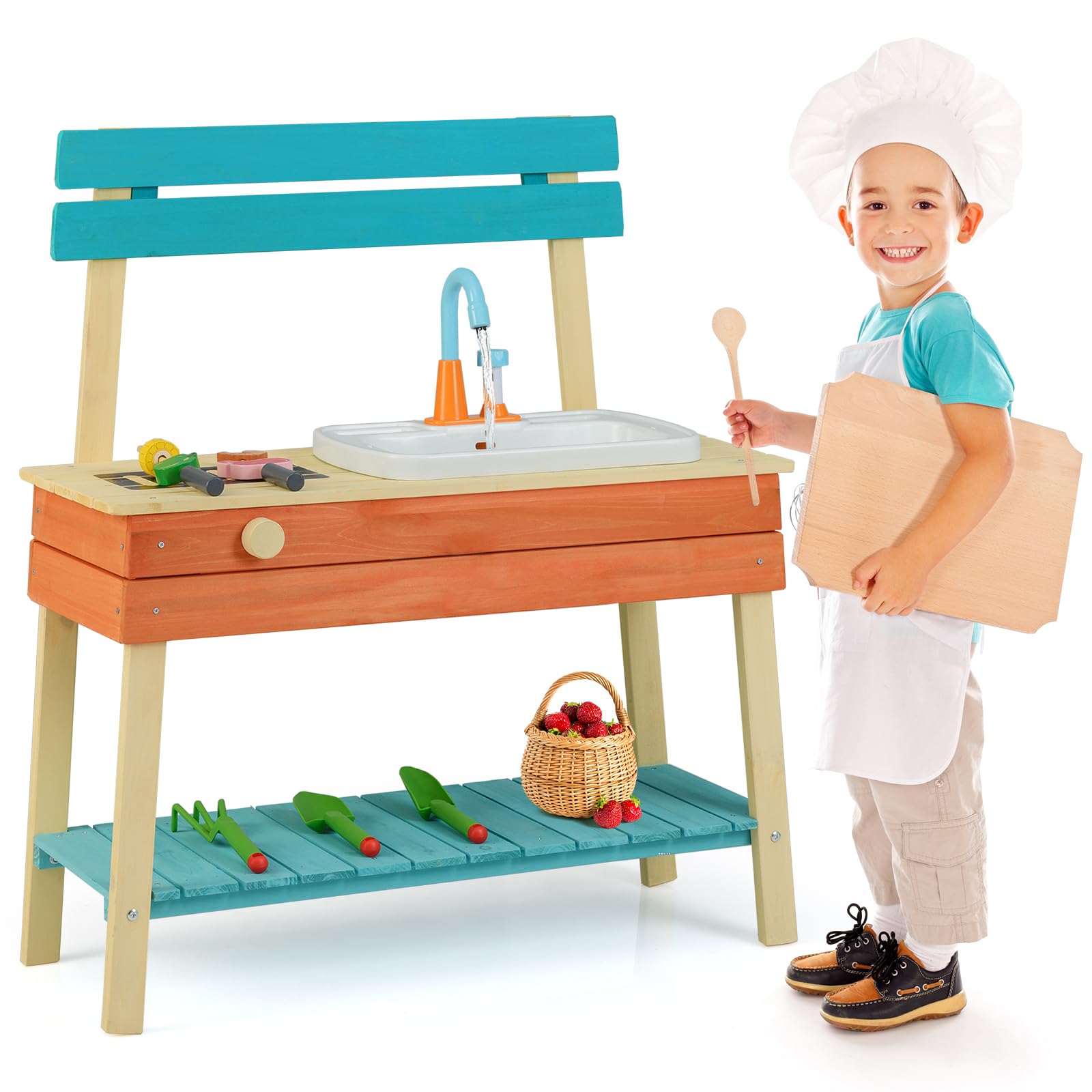 Maxmass Kids Mud Kitchen, Outdoor Toddler BBQ Grill Playset with Sink, Faucet, Grill Rack, Wooden Children Play Kitchen Toy Gardening Center Pretend Kitchens for Garden for 3-8 Years Old