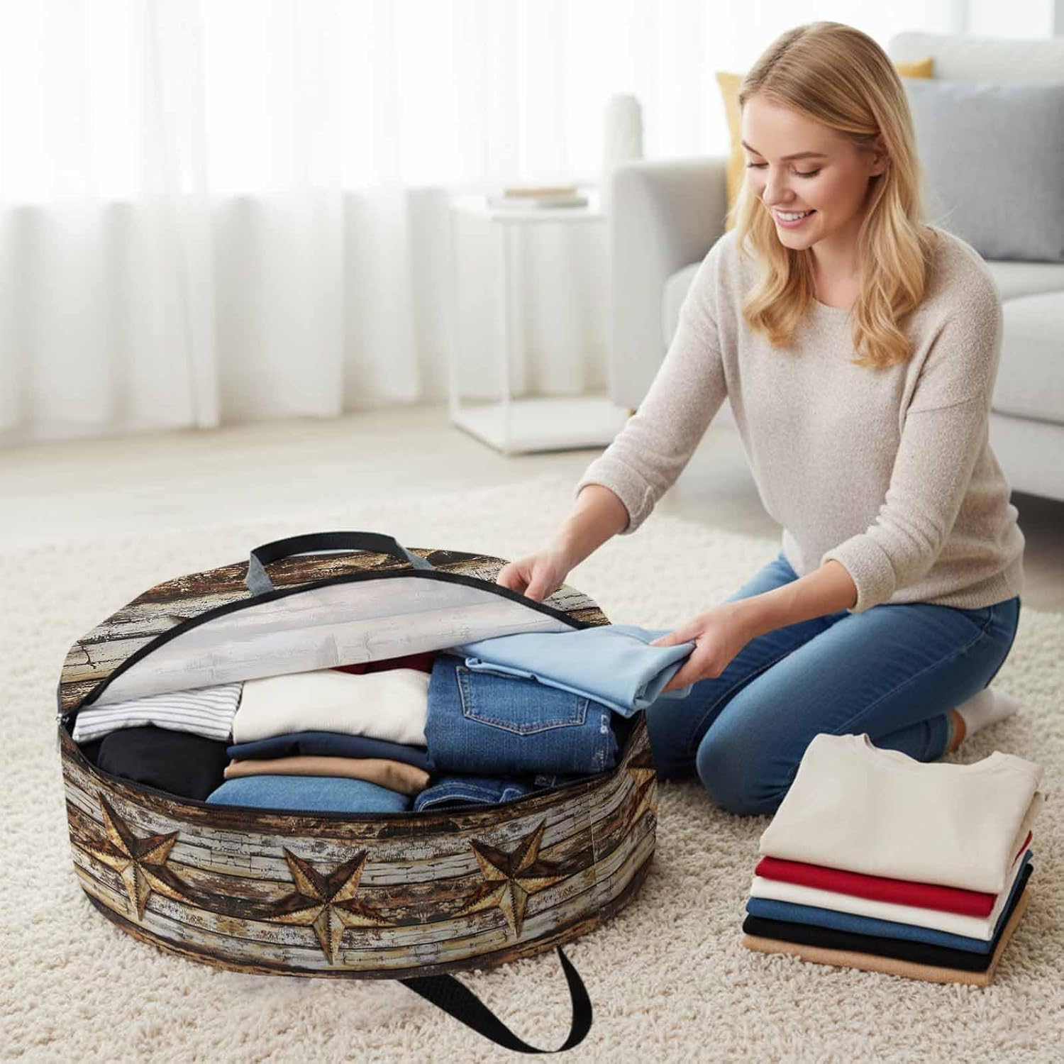 Retro Star Round Storage Bag 36 Inch, Country Texas Stars Worn-out Weathered Wood Clothes Storage Container with Handles Heavy Duty Organizer for Comforter, Bedding & Holiday Wreaths