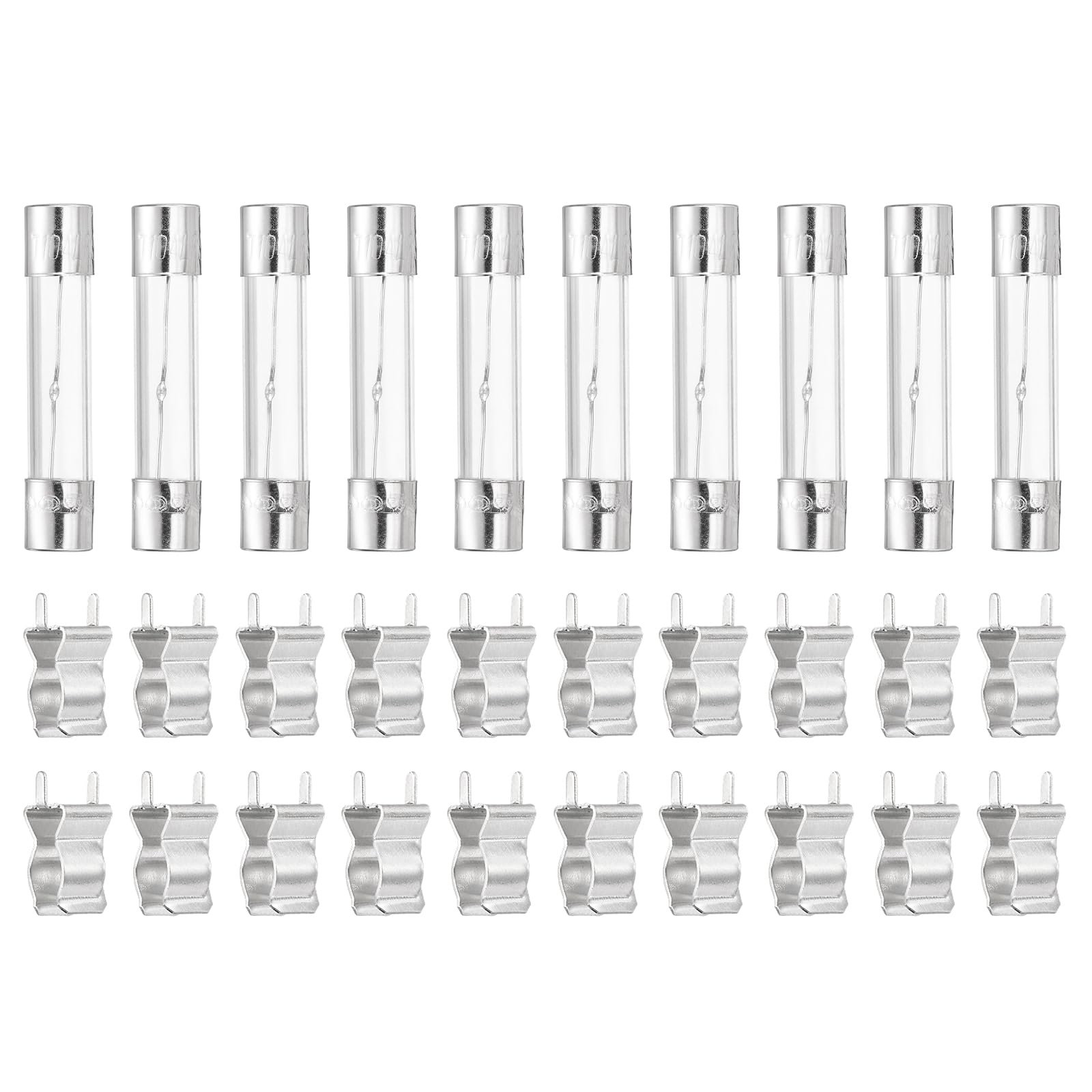 sourcing map Glass Tube Fuses, 6x30mm 10A 250V Slow Fast Blow Glass Cartridge Tube Fuse with 20pcs Safety Clip for Replacing or Repairing Many Home Electronics(Pack of 10)