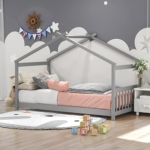 Miniatura 3 de KOMFOTT Cama individual de madera para niños, marco de cama de piso de perfil bajo con techo, cabecero y estribo, cama de tienda para niños