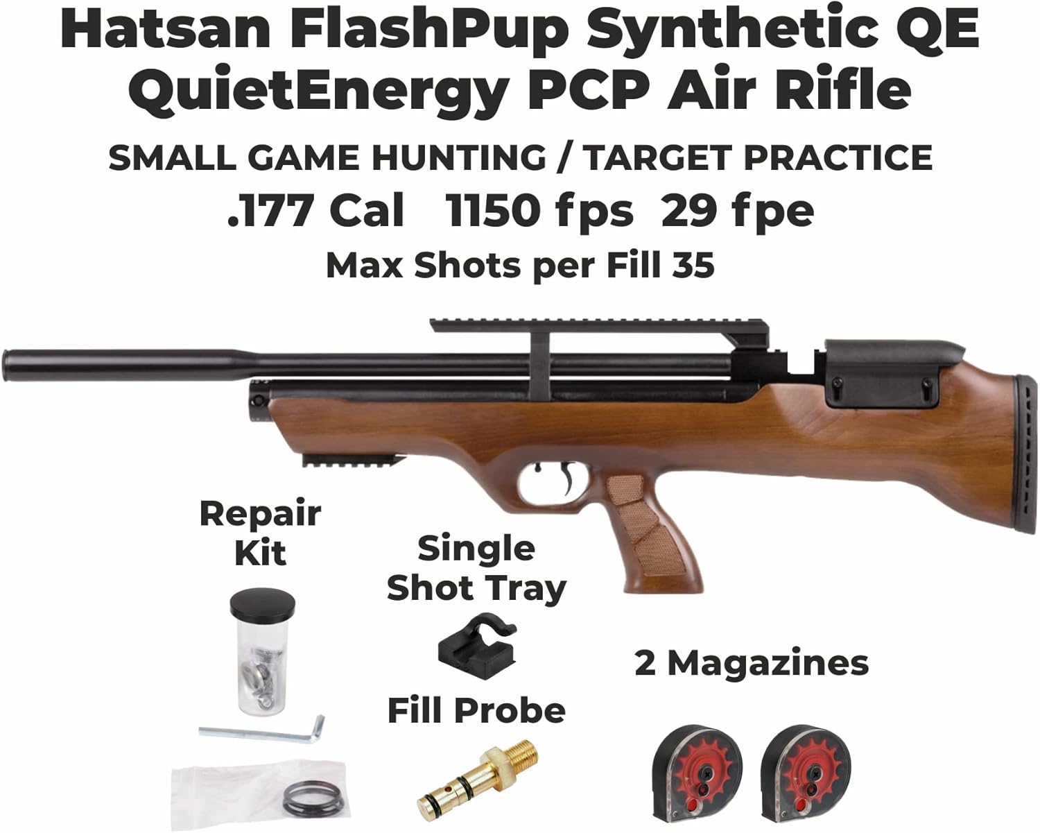 Hatsan FlashPupQE Quiet Energy Air Rifle with Included Wearable4U 100x Paper Targets and Lead Pellets Bundle