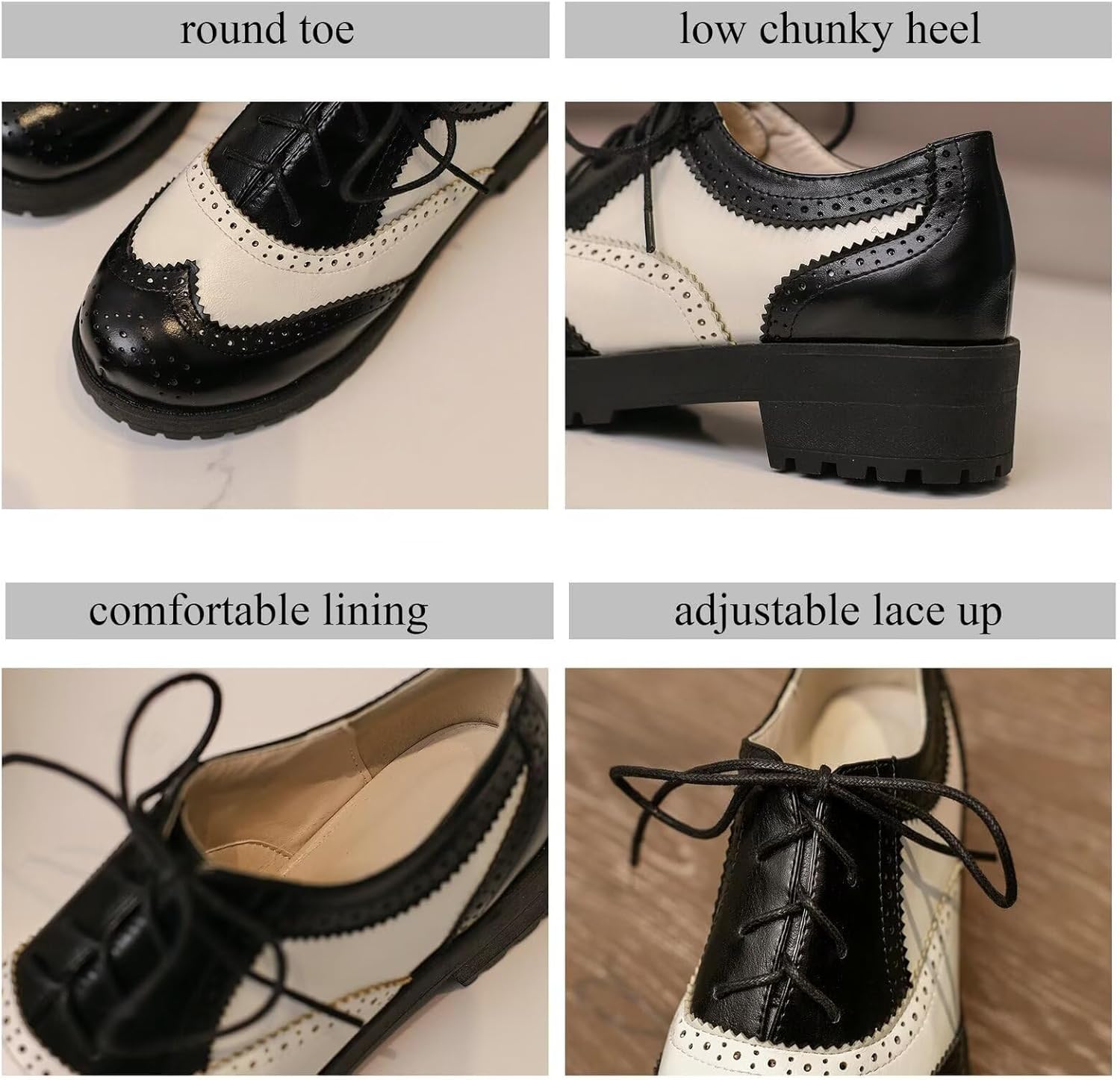 Agodor Wingtip Oxford Shoes Lace up Low Chunky Heels Brogues Retro Round Toe Platform Oxford Shoes for Women (US 9.5, PU White) - Image 7
