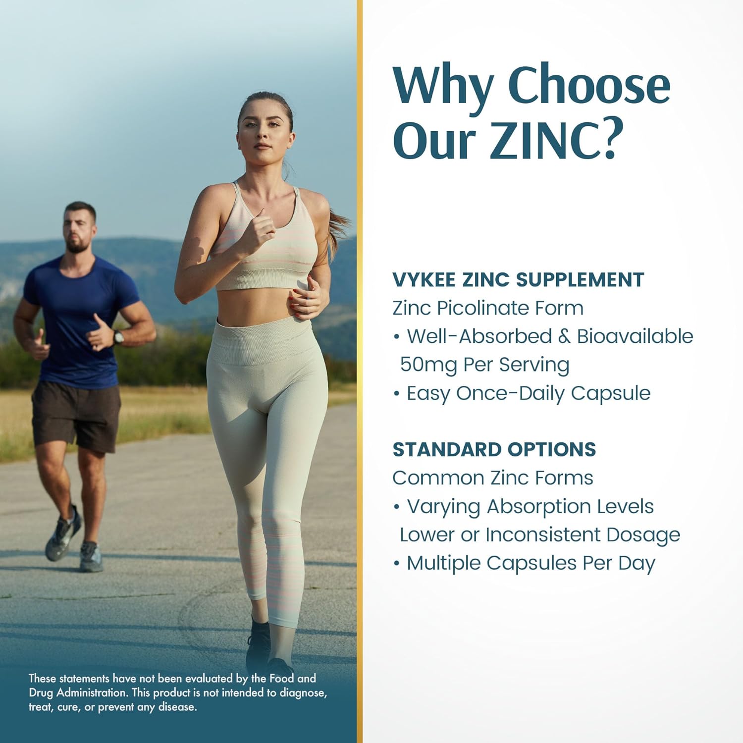 Vykee Nutrition Zinc Picolinate Capsules 50 mg - Helps Maintain Normal Hair, Skin, and Eye Health, Supports Muscle Function and Normal Immune Function - Vegan, Non-GMO, Gluten-Free - 90 Capsules