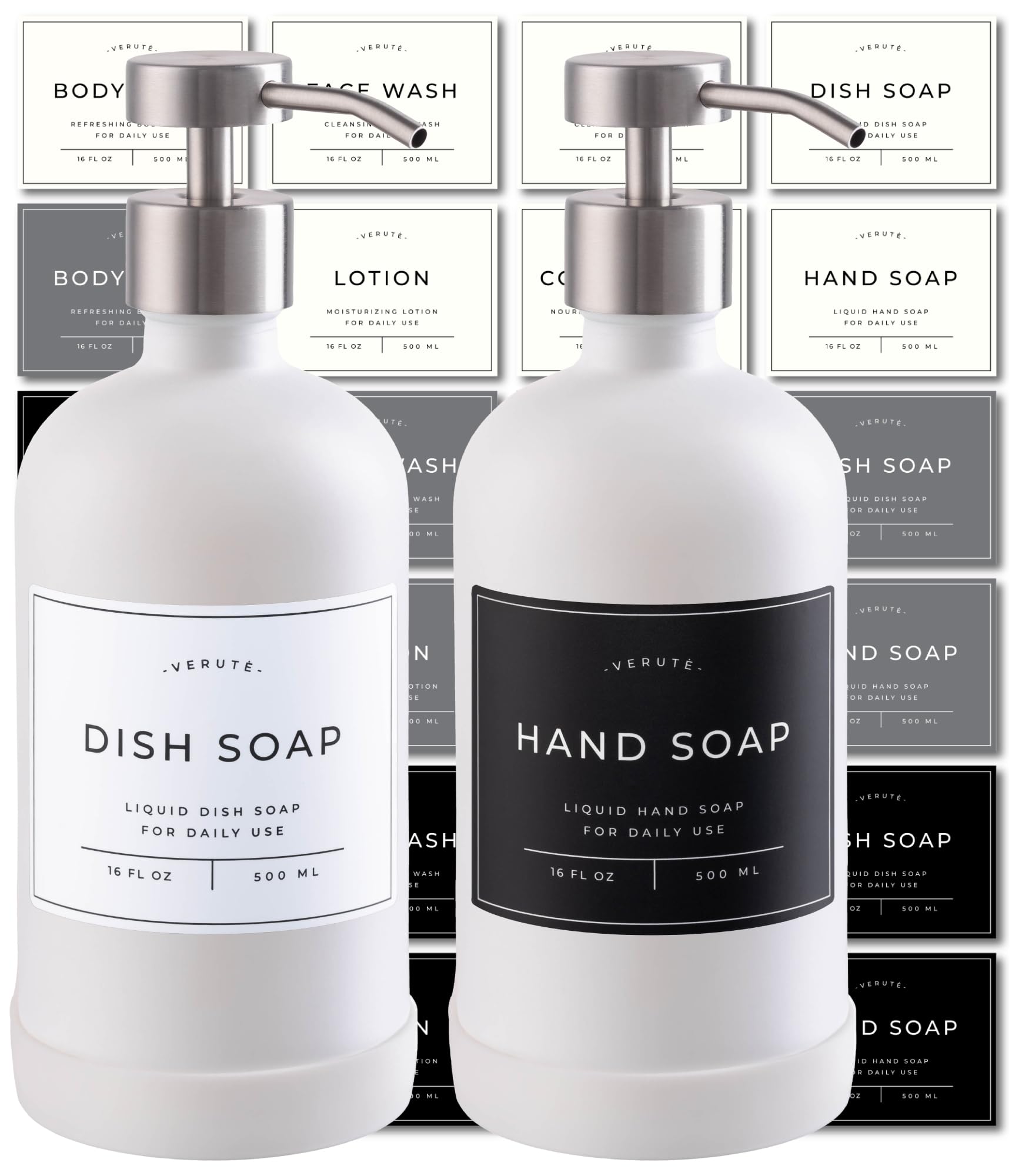 Glass Soap Dispenser Set for Kitchen & Bathroom - 2 x 500ml Refillable Glass Bottles with Stainless Steel Pumps, Non-Slip Silicone Base & 27 Waterproof Labels (Matte White Bottle/Brushed Silver Pump)