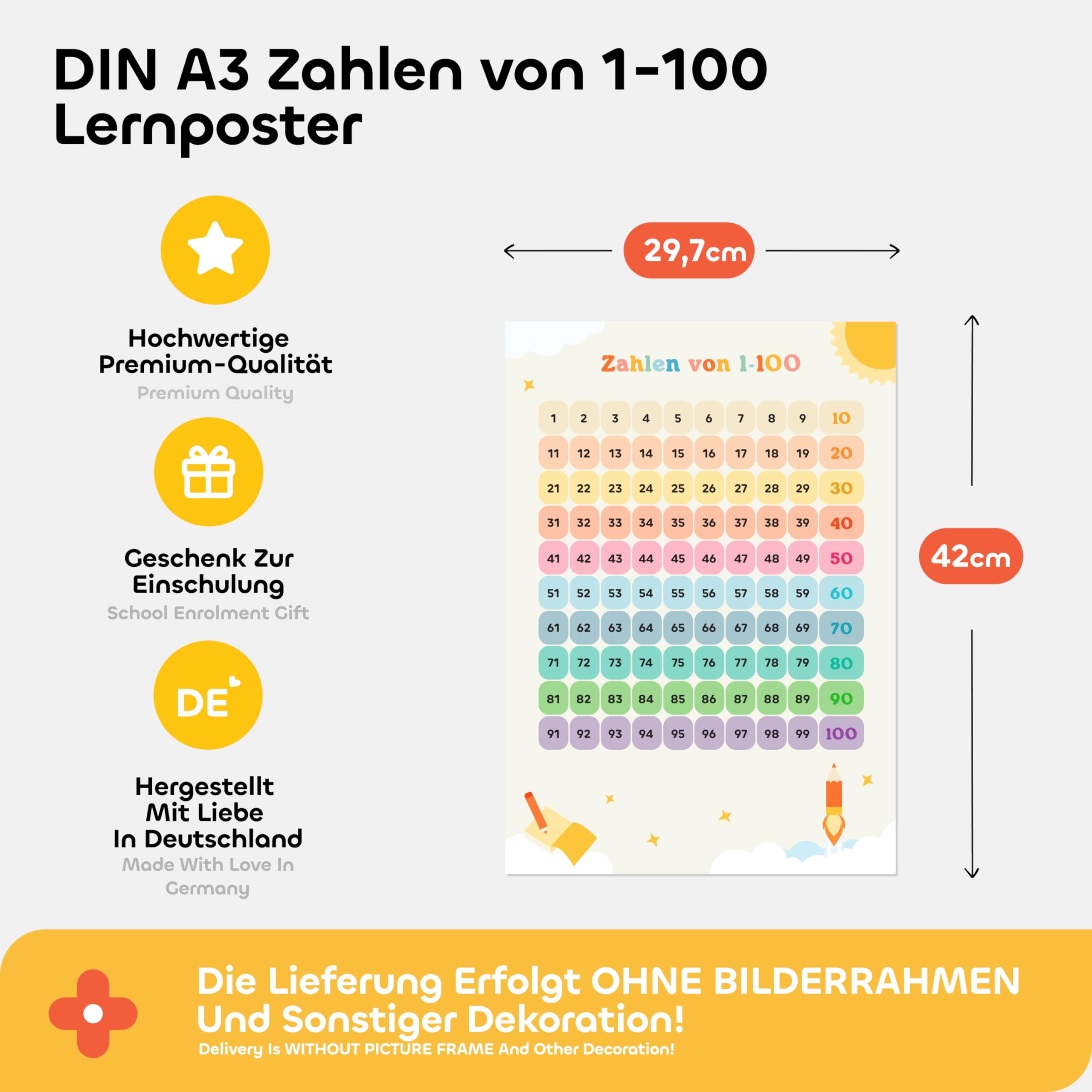 Gumpie Zahlen von 1-100 Lernposter für Kinder 1. Klasse (DIN A3) - Zahlenposter Grundschule Mathe zum spielerischen Rechnen - Klassenzimmer & Kinderzimmer Deko als Rechenhilfe - Hundertertafel