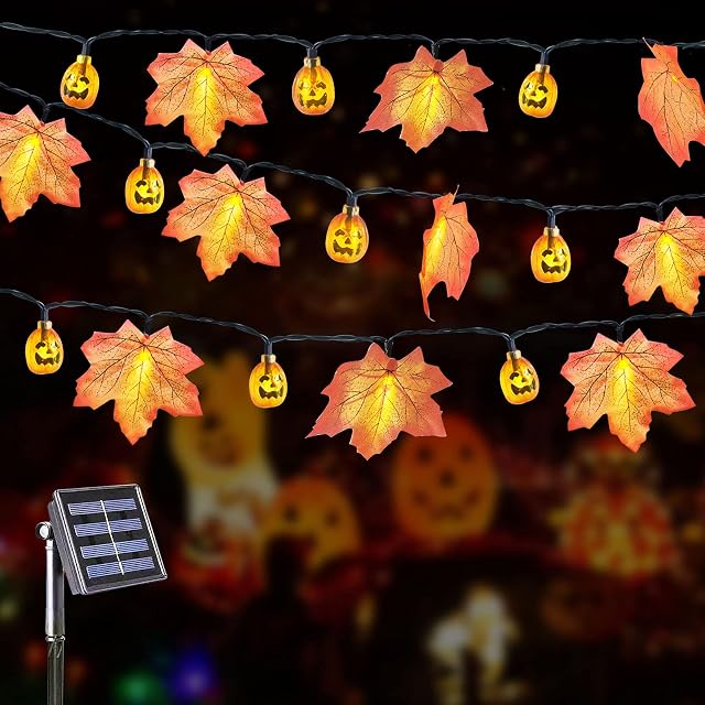 Solar Thanksgiving Pumpkin Maple Leaf String Lights, 16Ft 20 LED Halloween Decorations Fairy Light with 8 Modes, Outdoor Waterproof String Lights for Festival Party Holiday Decor(5M,20LED)