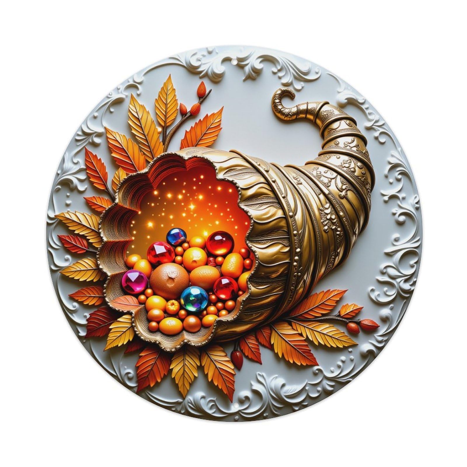 Golden Cornucopia Autumn Leaves Gems Round Tin Sign Vintage Metal Sign Home Bar Garden Indoor & Outdoor Wall Decor Retro Metal Poster 8x8 Inch
