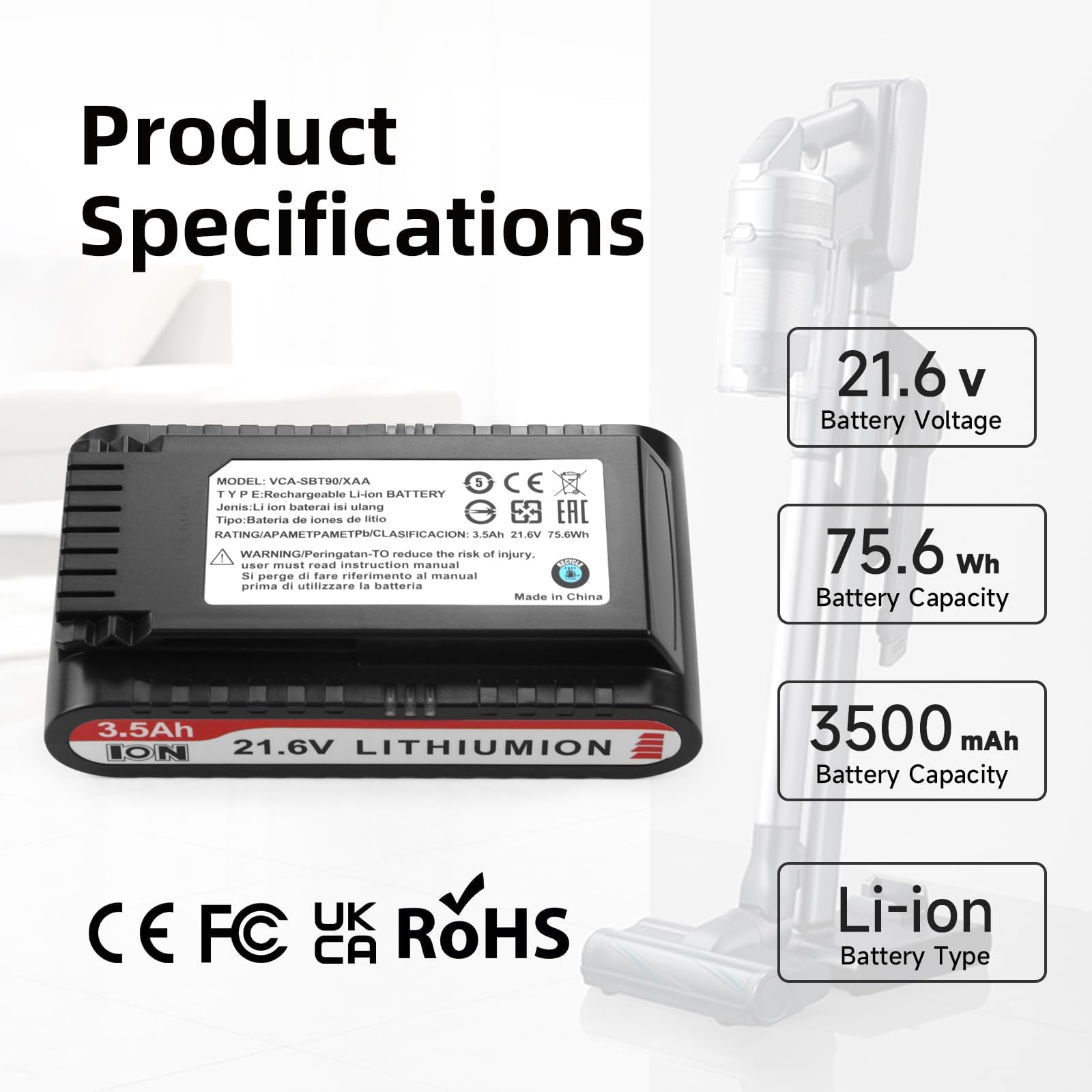 K KYUER 3500mAh VCA-SBT90/XAA Rechargeable Akumulator do Jet 75/75+/75 Pet/Jet 90/90+ Cordless Stick Vacuum Cleaner VS20R9046T3/AA VS20T7536T5/AA odkurzacza Bateria