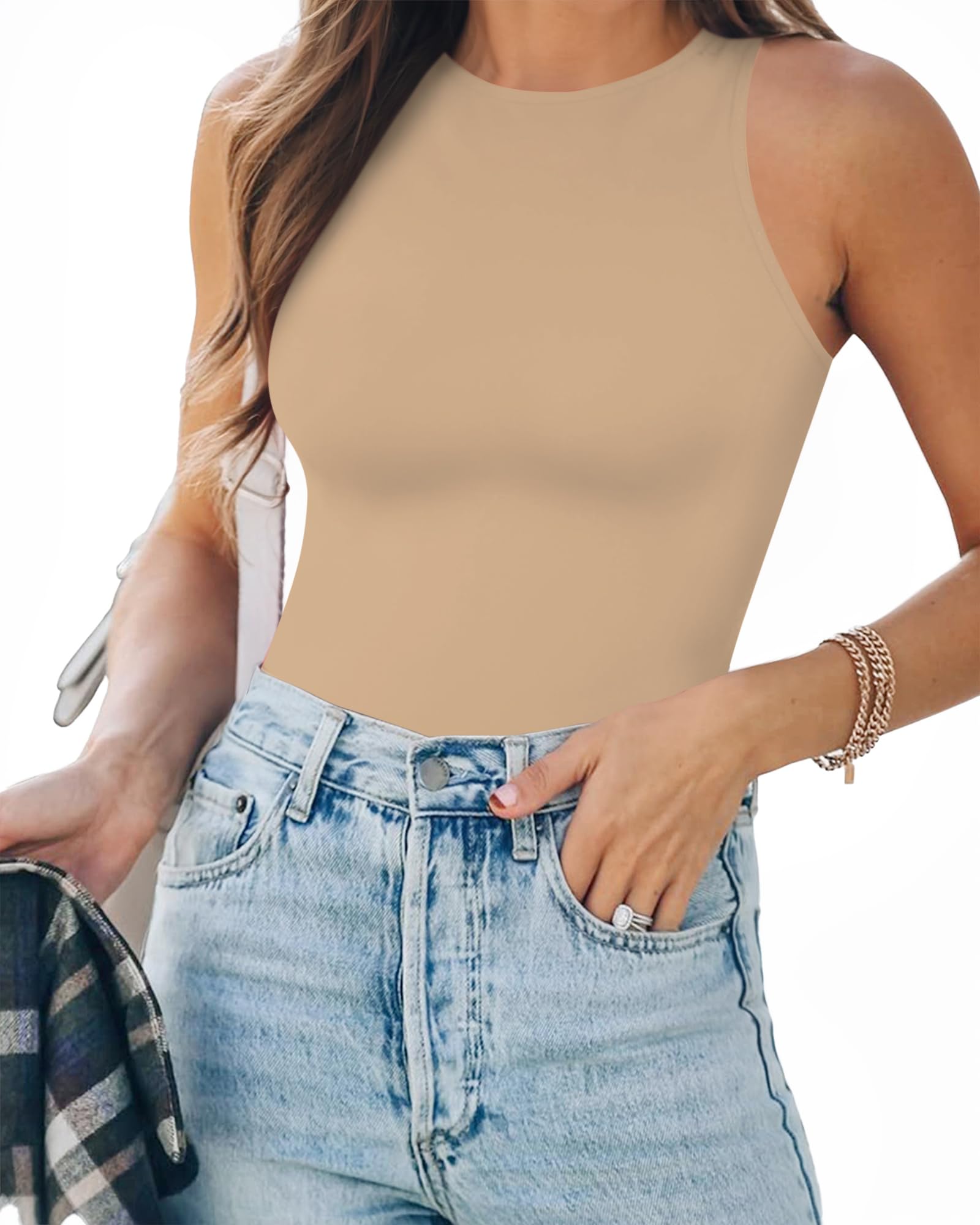 mangopop Women's Halter Neck Sleeveless Sexy Tank Tops Bodysuit, Halter Neck Mocha, Medium-picture-11