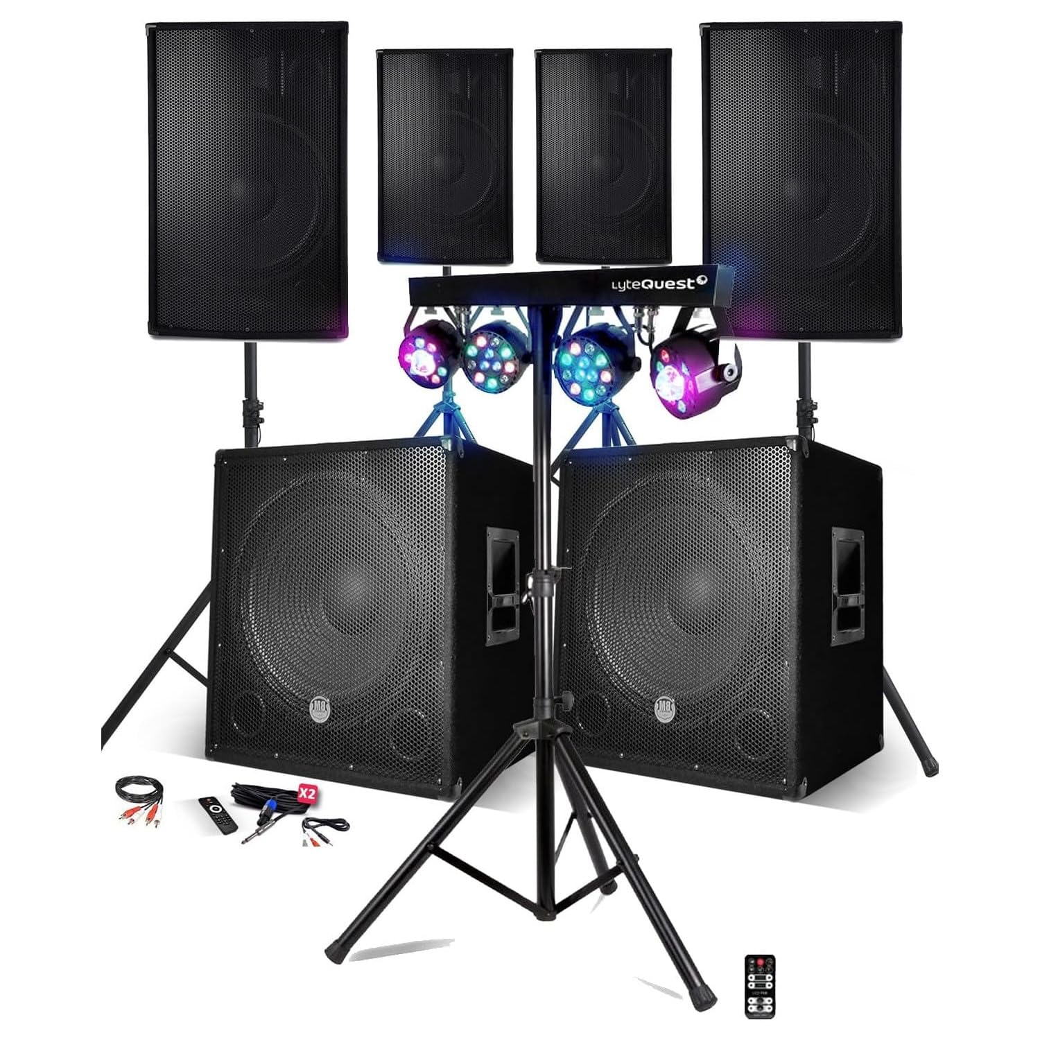 Système Sonorisation Complet Mariage Fête 4400W, 4 Enceintes, 2 SUBS USB/Bluetooth Cable PC, Prestations Sono DJ LUMIERES LED