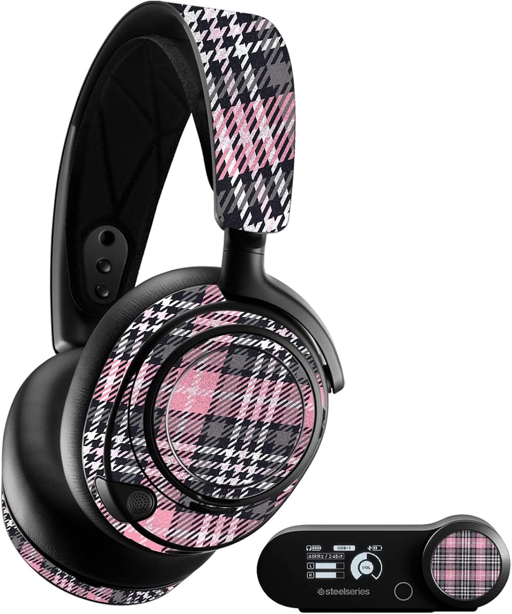 MightySkins Glossy Glitter Skin Compatible with SteelSeries Arctis Nova Pro - Pink Plaid | Protective, Durable High-Gloss Glitter Finish | Easy to Apply, Remove, and Change Styles | Made in The USA