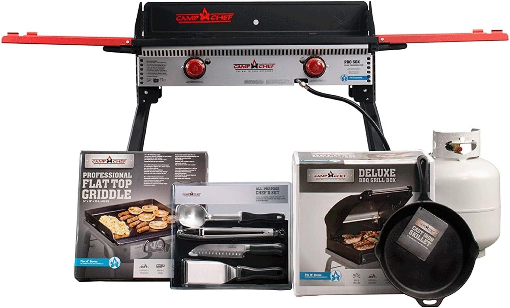 Camp Chef Guy Fieri's Pro 14 Bundle & More - Pro60X Bundle for Outdoor Cooking - Double Burner Stove - 12" Cast Iron Skillet - 1-Burner BBQ Box - Fry Griddle - Chef's Utensil Set