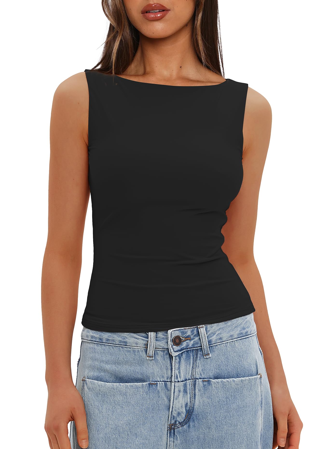Darong Womens High Neck Tank Top Sleeveless Double Lined Basic Tops Going Out Casual Tank Shirts