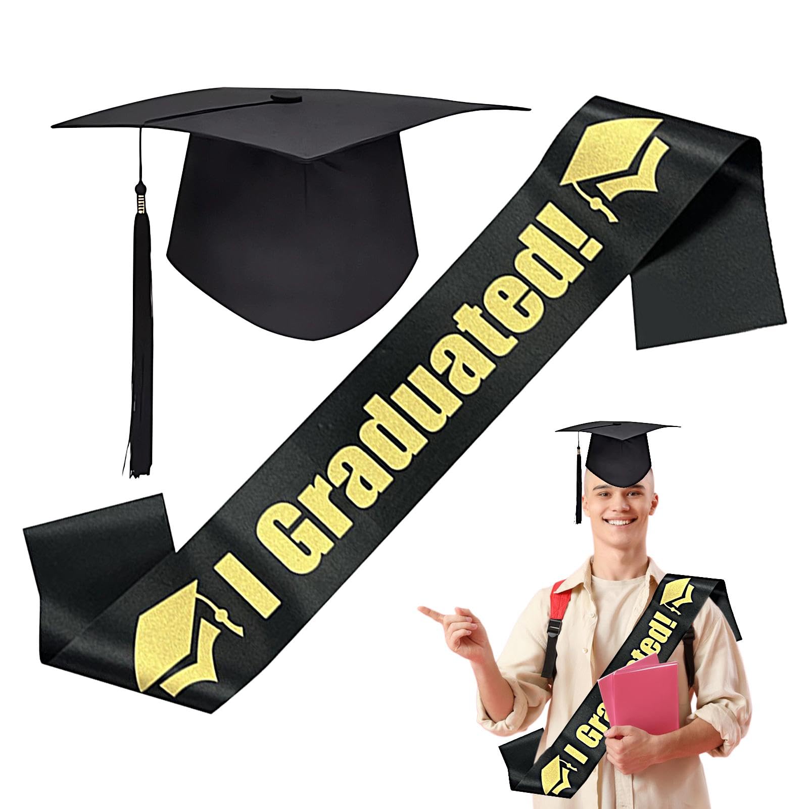 Rurunklee Graduation Hat for High School - College Graduation Hat and Graduation Sash,Black Bachelor Celebration Supplies for High School, College