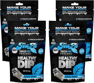 TeaZa Herbal Energy Pouches Tobacco Alternative Nicotine Free Dip, Smokeless Alternative Snuff and Healthy Dip Pouches, Cool Mint Chill (4 Pack) Tobacco Free Chew Premium Crisp Minty Flavor