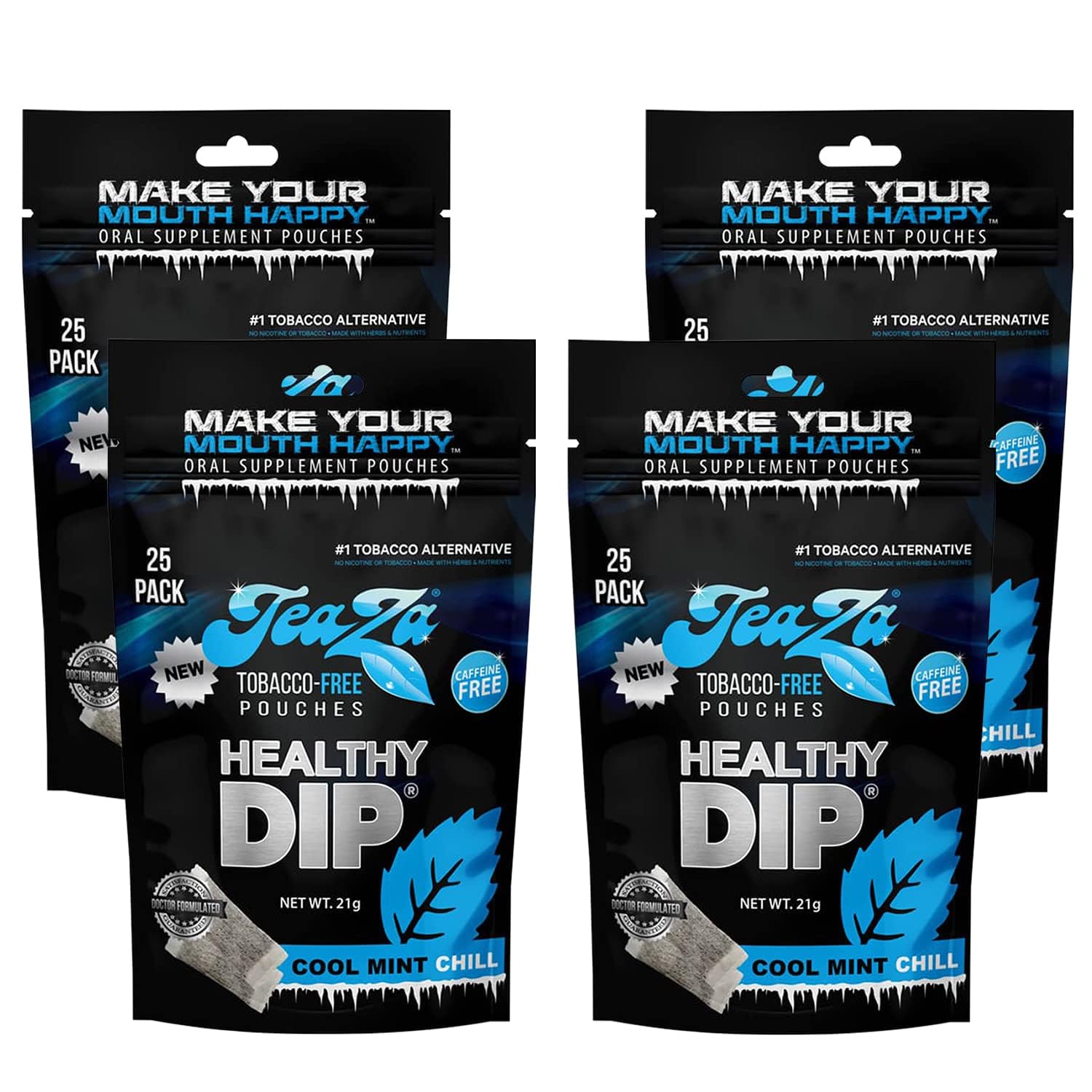 TeaZa Herbal Energy Pouches Tobacco Alternative Nicotine Free Dip, Smokeless Alternative Snuff and Healthy Dip Pouches, Cool Mint Chill (4 Pack) Tobacco Free Chew Premium Crisp Minty Flavor