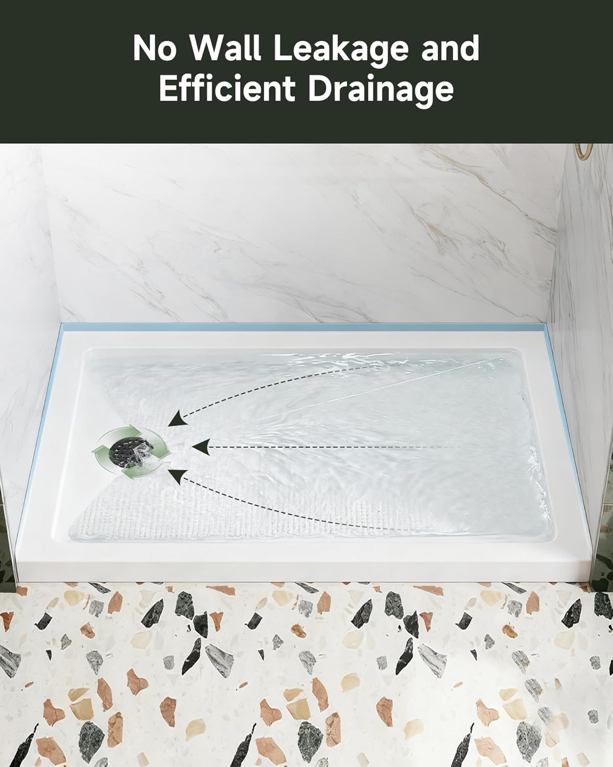 Shower base with water flowing towards the drain, illustrating efficient drainage