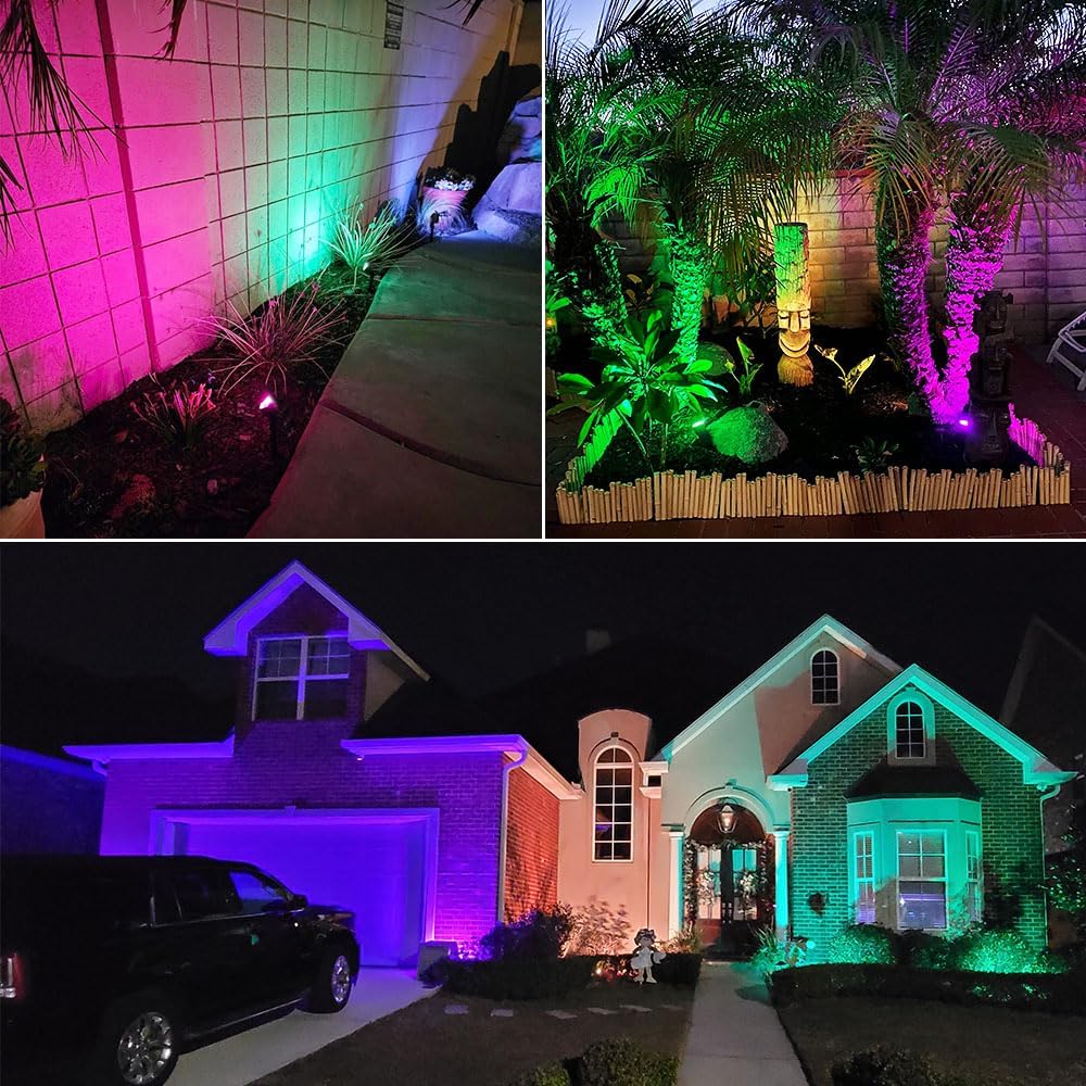 Landscape Lighting, 24W RGB Spot Lights Outdoor for Yard with Transformer & Remote 12 Colors and 19 Modes Outdoor Lights for House Lawn Tree Flag Garden Driveway Backyard Fence Plant, 4 Pack