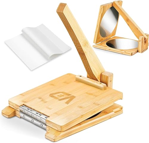 Wooden Tortilla Press Bamboo, 10 inch Roti Maker and Tortilladora | Stainless Steel Patch, 50 Pcs Parchment Paper, Heavy Duty, No Hassle Assembly, Eco-Friendly Natural Bamboo, Ergonomic Handle