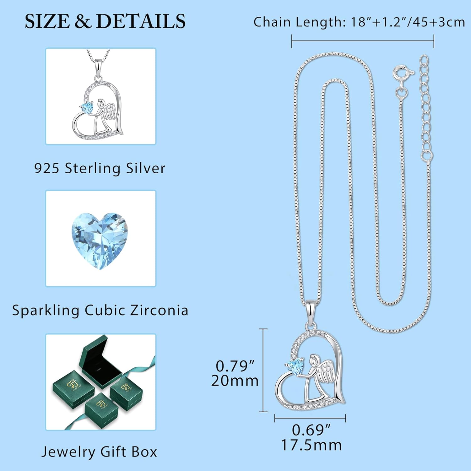 FJ Heart Guardian Angel Necklace 925 Sterling Silver Angel Wing Pendant Birthstone Jewelry for Women - Image 5