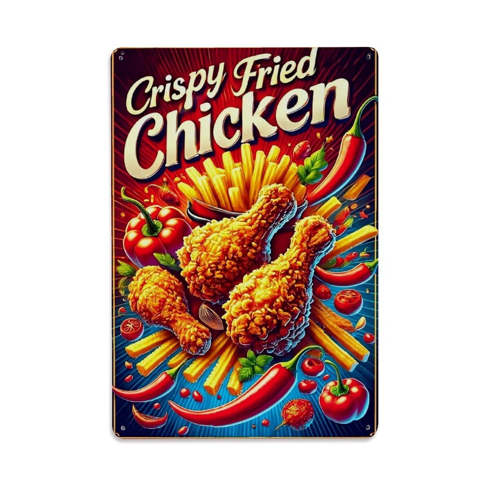 Jdfenggu Vintage Crispy Fried Chicken Fries Peppers Retro Metal Tin Sign, Decor Art Poster For Bar, Home, Man Cave, Kitchen, Laundry Room Gift 8X12inch