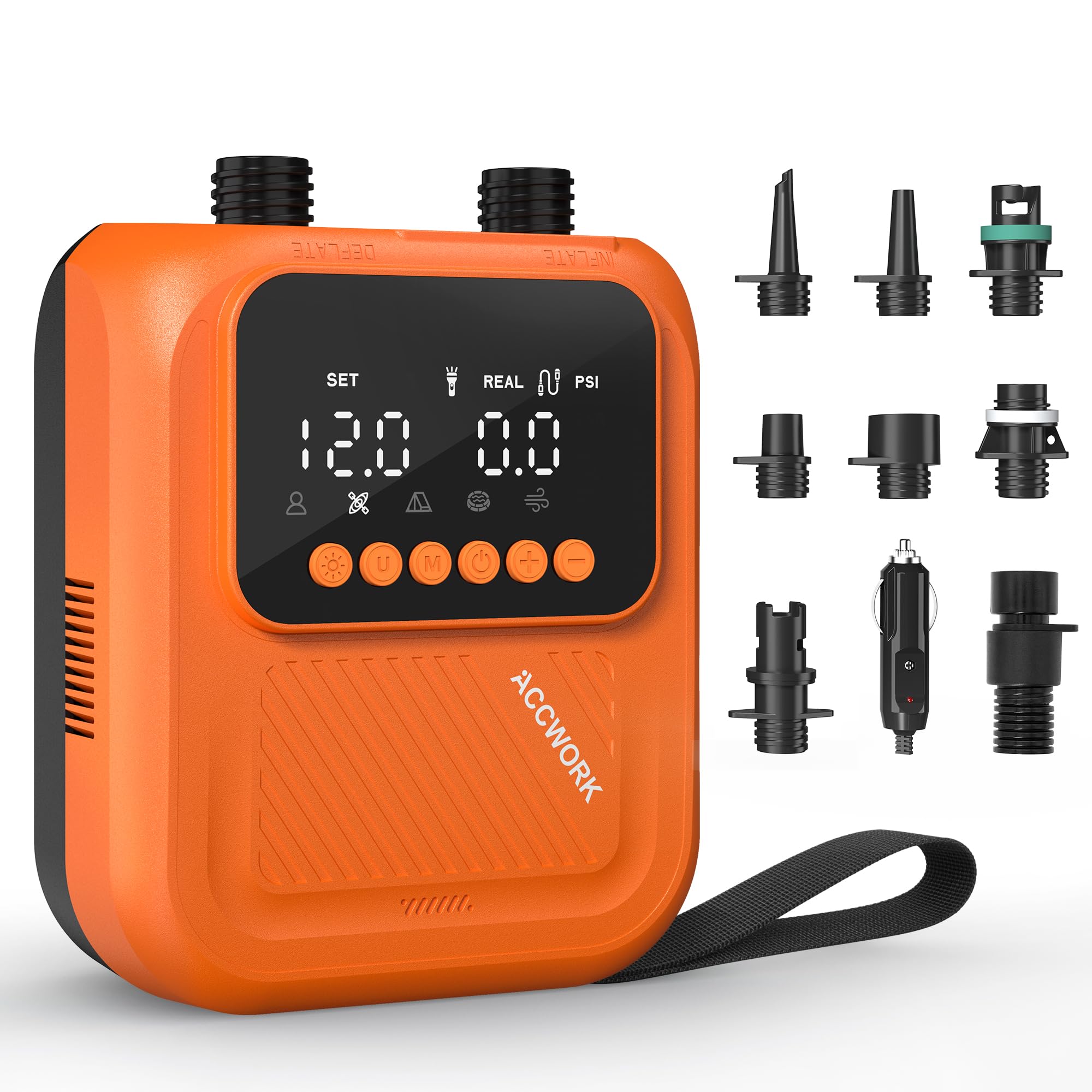 Accwork Elektrische SUP Pumpe 20 PSI ohne Akku, 12V DC Autoanschluss, Auto-Stopp, 2-stufiges Aufpumpen und Entlüften, 7 Adapter, Tasche für Paddle Board,Kajak,Schlauchboot,Camping-Zelt,Luftmatratze
