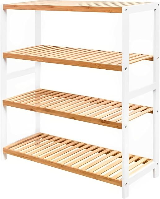 Unibos Bamboo Shoe Bench 4 Tier Shoe Rack Storage Organiser Shoe Racks Storage Shelf Organizer Perfect For Entryway Living Room Hallway Holds Up To 16 Adult Shoes (4 Tier Natural Shoe Rack)