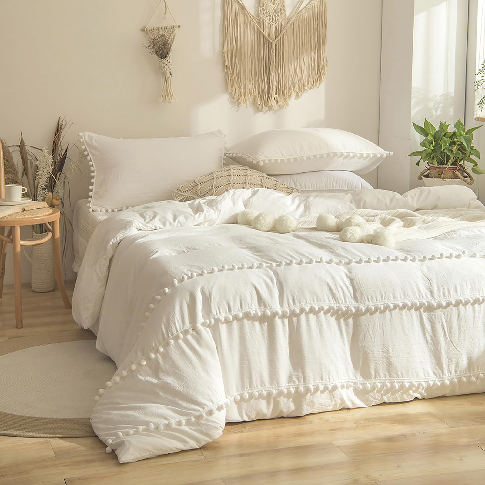 Juego de Funda Nórdica 220x230 cm Blanco Juego de Ropa de Cama Boho con Pompón Bohemia en Microfibra Suave con Funda de Almohada y Cremallera (Blanco, 220x230)